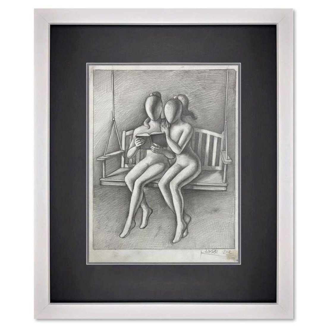 Mark Kostabi, "Besties" Framed Original Drawing on Paper, Hand Signed with Certificate of: Besties is an original drawing on paper by Mark Kostabi, hand signed by the artist. This piece comes custom framed. Includes Certificate of Authenticity. Measures approx. 20" x 16" (frame), 14" x 10"
