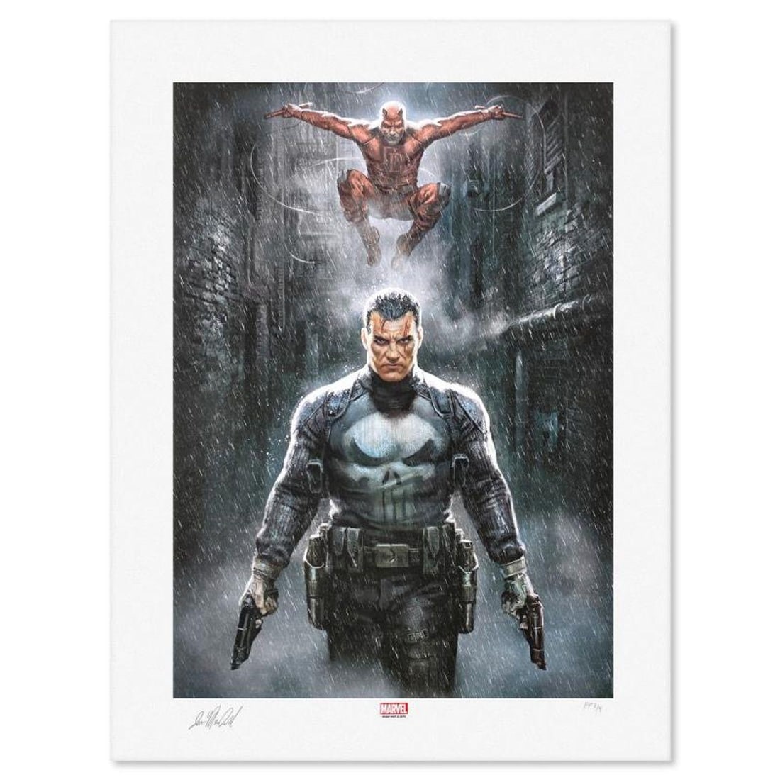 Marvel Comics & Ian MacDonald, "Marvel Knights Punisher Daredevil" Limited Edition, PP Numbered 3/4: Marvel Knights Punisher Daredevil is a limited edition giclee on paper from Marvel Comics and Ian MacDonald, PP numbered 3/4 and bearing the authorized signature of the artist. Includes Letter of Auth