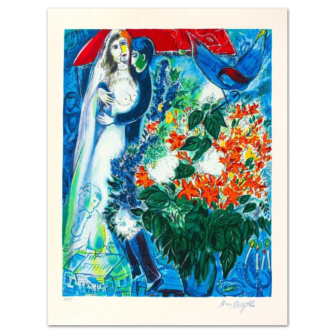 Marc Chagall- Serigraph "Maries Sous Le Baldaquin": Artist: Marc Chagall. Medium: Serigraph. Title: Maries Sous Le Baldaquin. Size: 31.5" x 24". Signature: Stamp signed and numbered. Certificate of Authenticity: Is included. Additional: Printed by ATEL