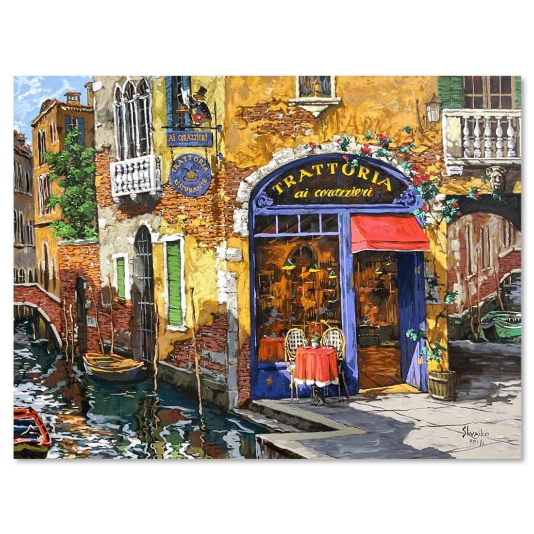 Viktor Shvaiko, "Trattoria on the Water" Hand Embellished Limited Edition Printer's Proof on Canvas: Trattoria on the Water is a hand embellished limited edition printer's proof on stretched canvas by Viktor Shvaiko, numbered 1/1 and hand signed by the artist. Includes Letter of Authenticity. Measure