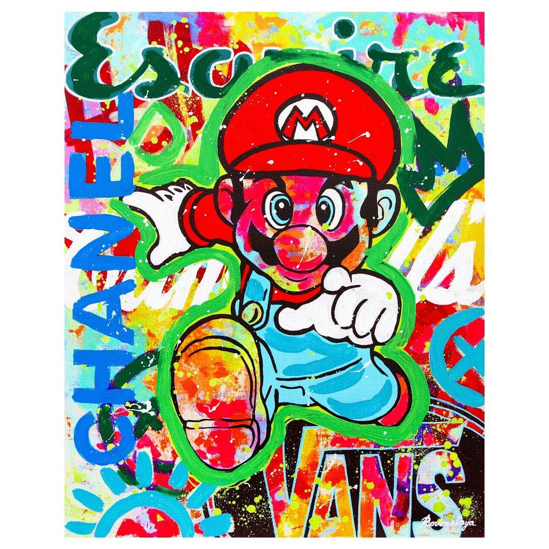 Nastya Rovenskaya- Mixed Media on Canvas "Super Mario's Urban Quest": Artist: Nastya Rovenskaya. Medium: Mixed Media on Canvas. Title: Super Mario's Urban Quest. Size: 20" x 16". Signature: Hand signed. Certificate of Authenticity: Is included. Reference#: 26343.