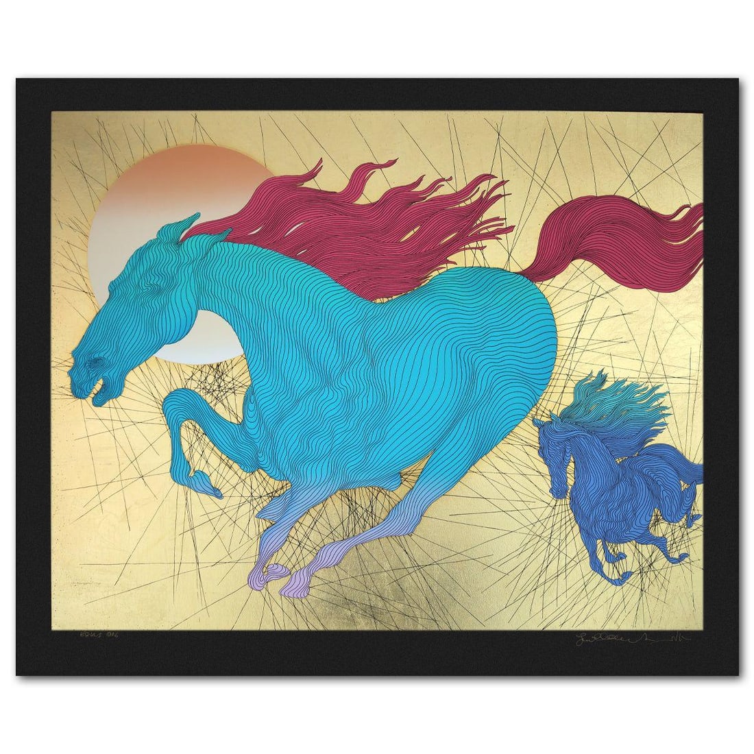 Guillaume Azoulay- Gold Leaf Serigraph "Equus": Artist: Guillaume Azoulay. Medium: Gold Leaf Serigraph. Title: Equus. Size: 31" x 38". Signature: Hand Signed and Numbered. Reference#: 74614.