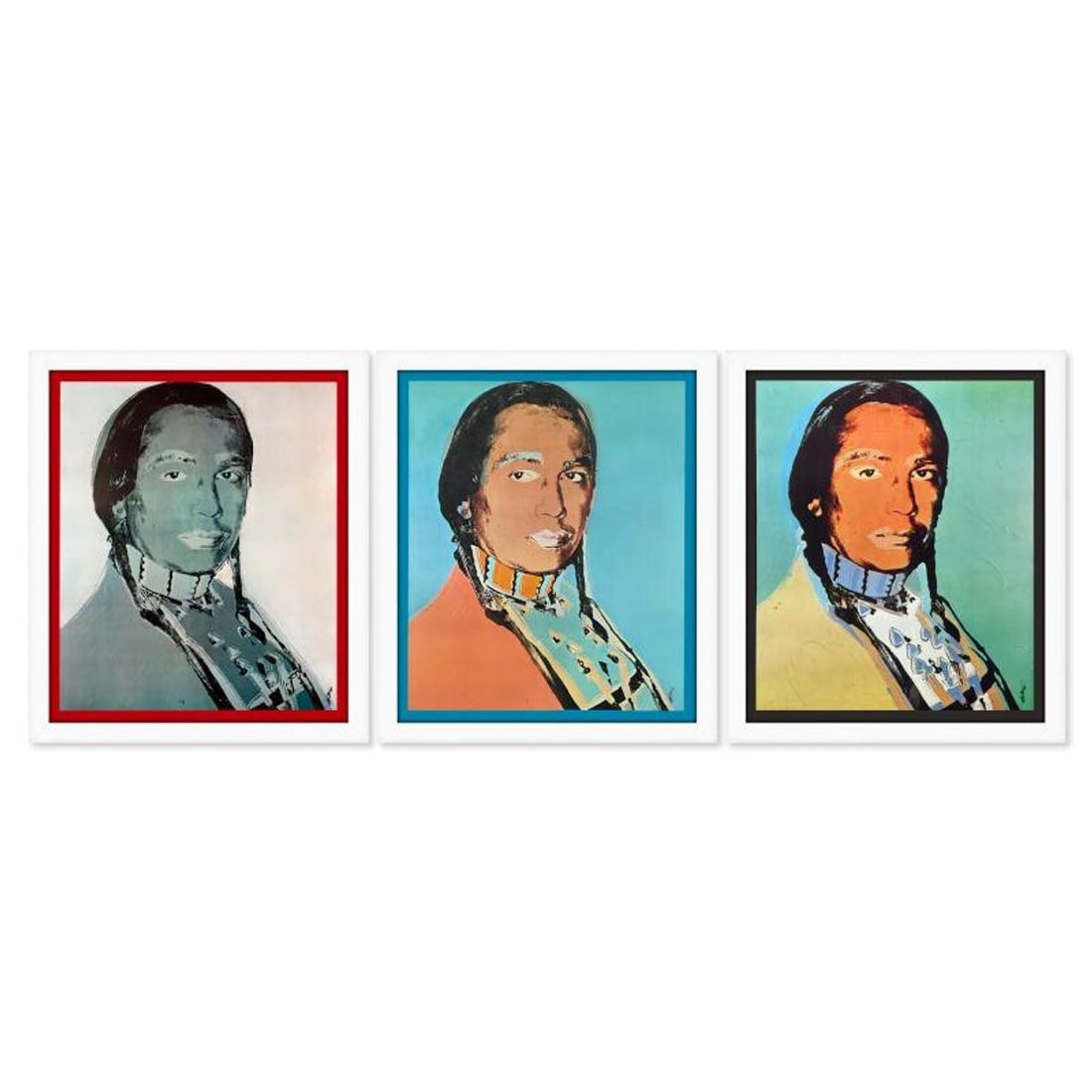 Andy Warhol (1928-1987), "The American Indian Series 3 Piece Set (Red 1976, Blue 1977 & Black 1976)": The American Indian Series (Red 1976, Blue 1977 & Black 1976) is a 3 piece set of vintage lithographs by Andy Warhol (1928-1987) cropped from the Ace Gallery posters. Theses set comes custom framed. I