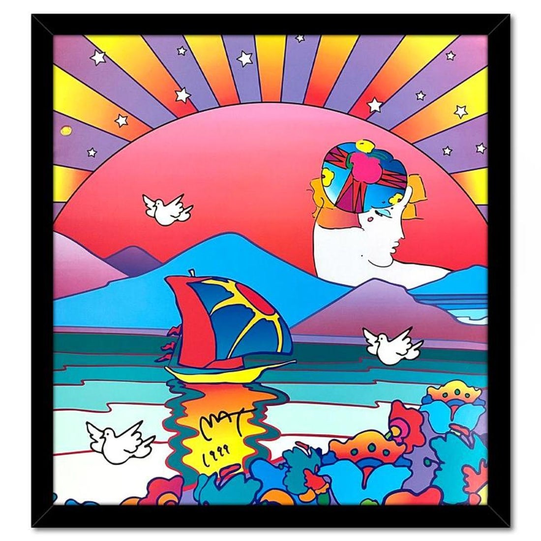 Peter Max, "A New Beginning" Framed Hand Signed Offset Lithograph with Letter of Authenticity.: A New Beginning is an offset lithograph on paper by Peter Max, hand signed by the artist. This piece comes custom framed. Includes Letter of Authenticity. Measures approx. 23.5" x 22" (frame), 19.5" x