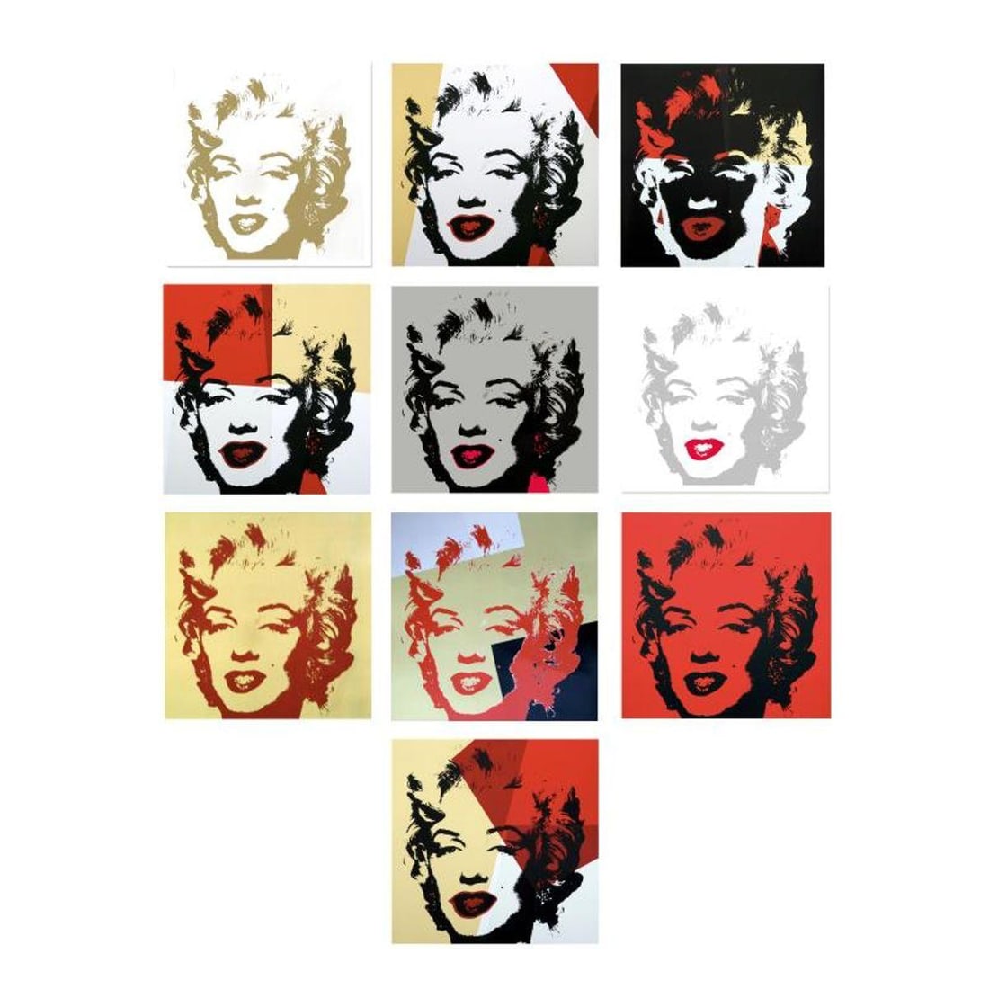 Andy Warhol "Golden Marilyn Portfolio" Limited Edition Suite of 10 Silk Screen Prints from Sunday B: Golden Marilyn Portfolio is a suite of 10 limited edition silk screen prints on museum board from Sunday B Morning featuring the works of Andy Warhol. The piece is stamped in blue on the back with "Pu
