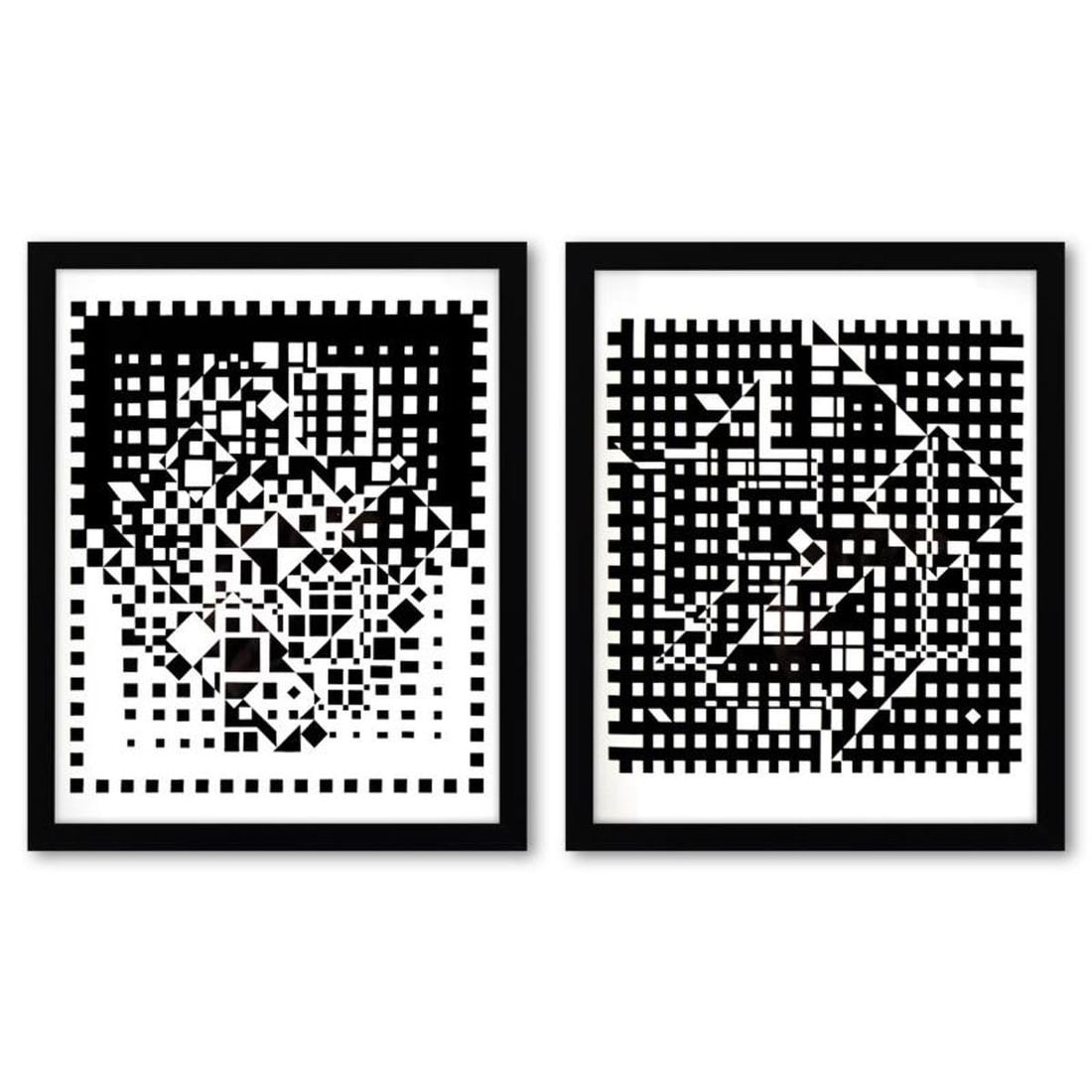 Victor Vasarely (1908-1997), "YMPHY et Aguia-II de la serie Croises (Diptych)" Framed 1973: YMPHY et Aguia-II de la serie Croises (Diptych) is a set of heliogravure prints on paper, published in 1973, by Victor Vasarely (1908-1997). These pieces come custom framed, with a letter of authentic
