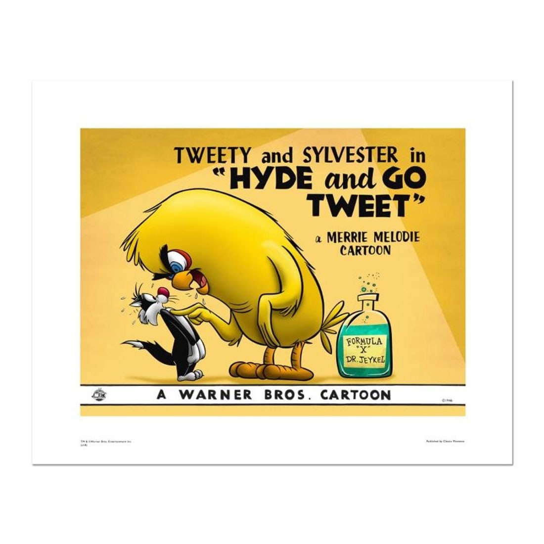 Hyde and Go Tweet- color Numbered Limited Edition Giclee from Warner Bros. with Certificate of: Hyde and Go Tweet- color is a limited edition giclee on paper from Warner Bros. featuring iconic Looney Tunes characters. The art was taken from an original Lobby Card used to promote "Hyde and Go Twe