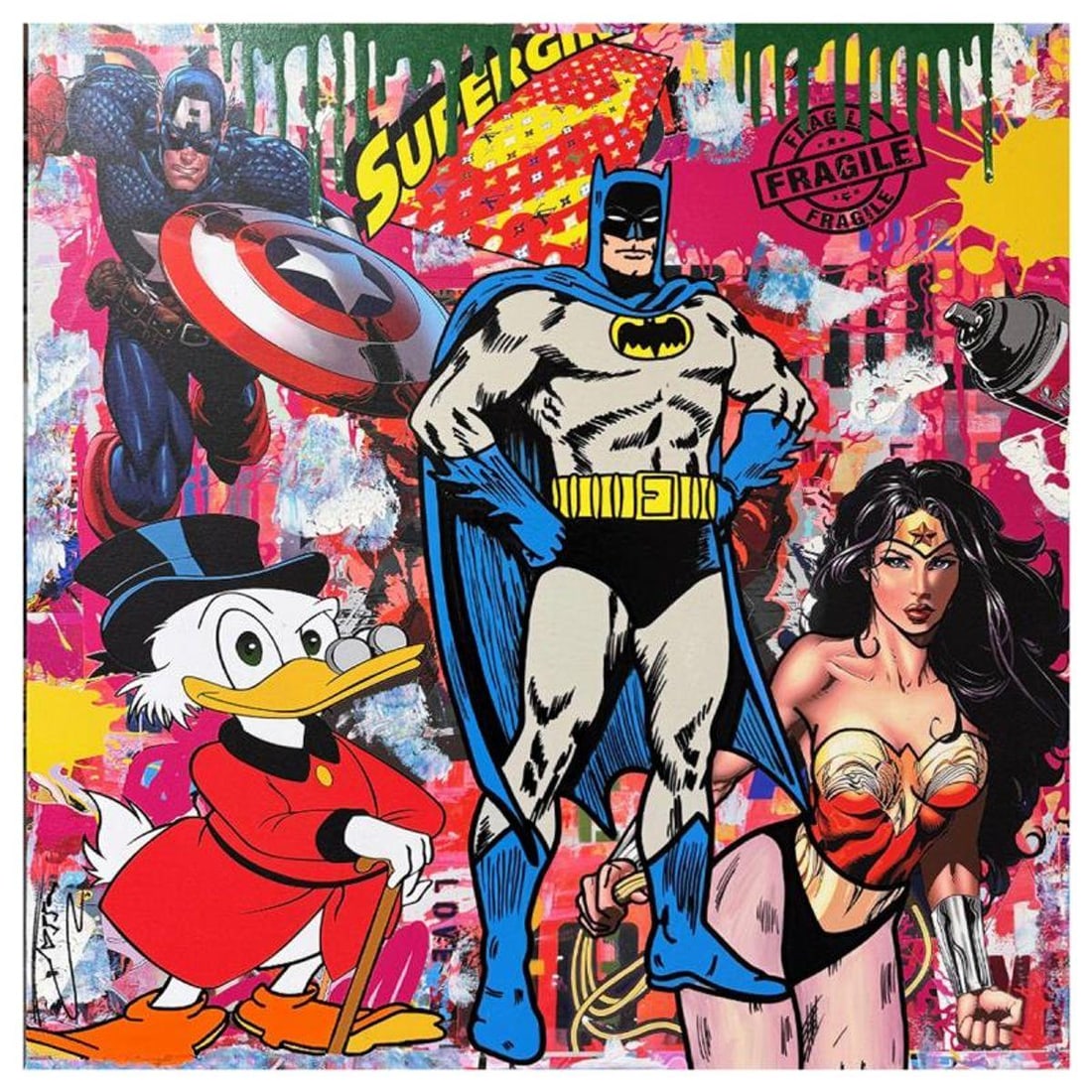 Jozza, "Super Girl" Unique Mixed Media on Canvas, Hand Signed Inverso with Letter of Authenticity.: Super Girl is a unique mixed media acrylic on gallery wrapped canvas by Jozza. This piece is hand signed and titled in verso. Includes Letter of Authenticity. Measures approximately 38" x 38" (image).