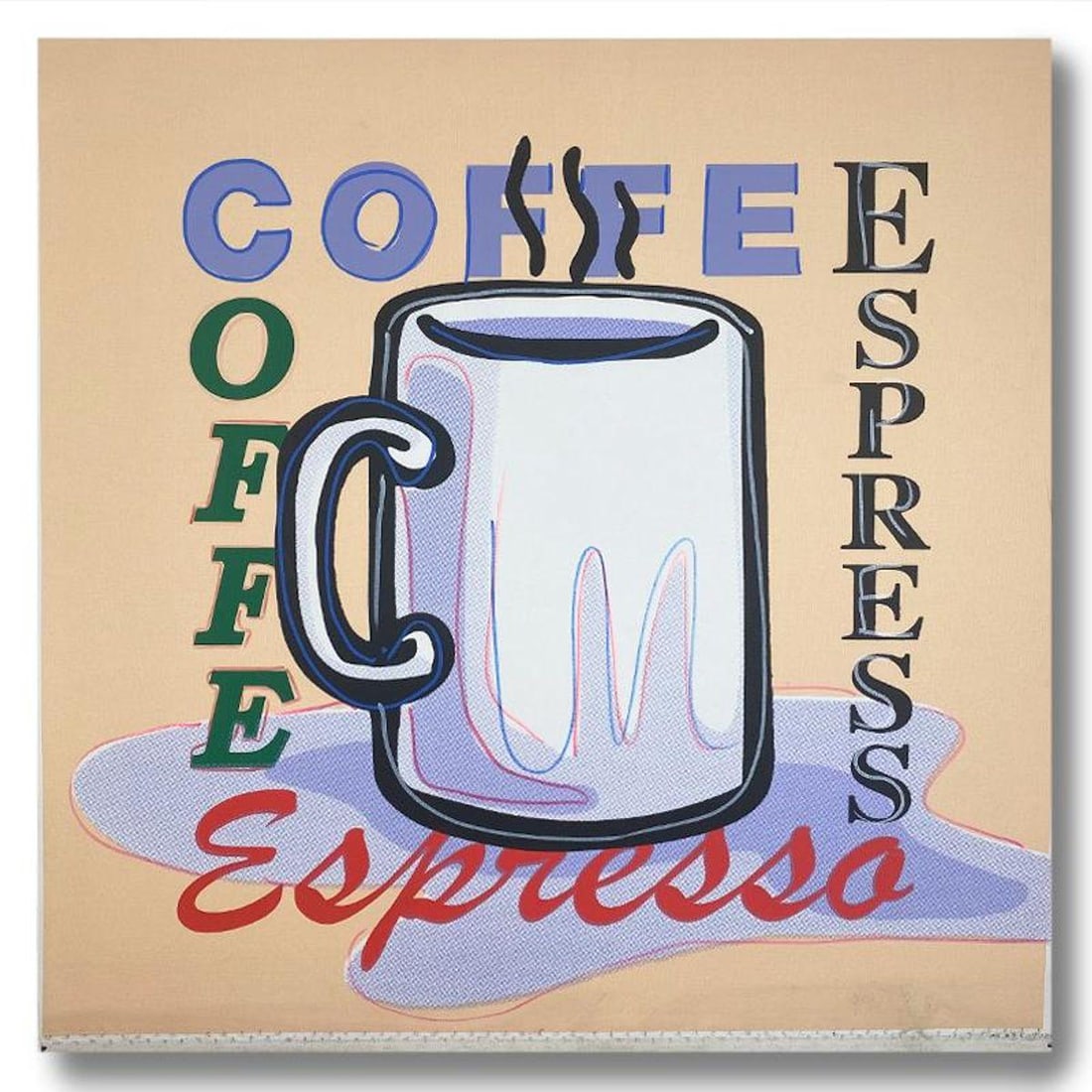 Steve Kaufman (1960-2010), "ESPRESSO" Hand Signed and Numbered Limited Edition Hand Pulled: ESPRESSO is a limited edition hand pulled silkscreen mixed media on canvas by Andy Warhol protege Steve Kaufman (1960-2010). This piece is numbered and 9/50 and hand signed inverso. Includes letter of