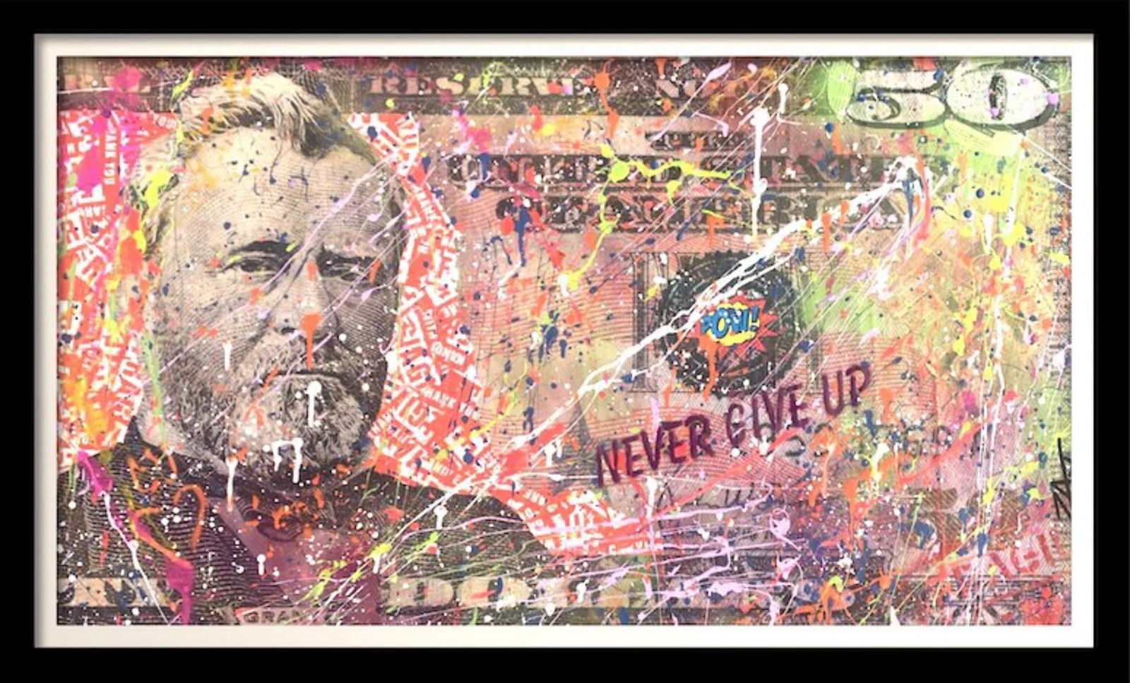 E.M. Zax- Mixed media with acrylic paint "$50 Bill": Artist: E.M. Zax. Medium: Mixed media with acrylic paint. Title: $50 Bill. Measures approx. 44" x 24" (framed). Signature: Hand Signed. Reference#: 25052.