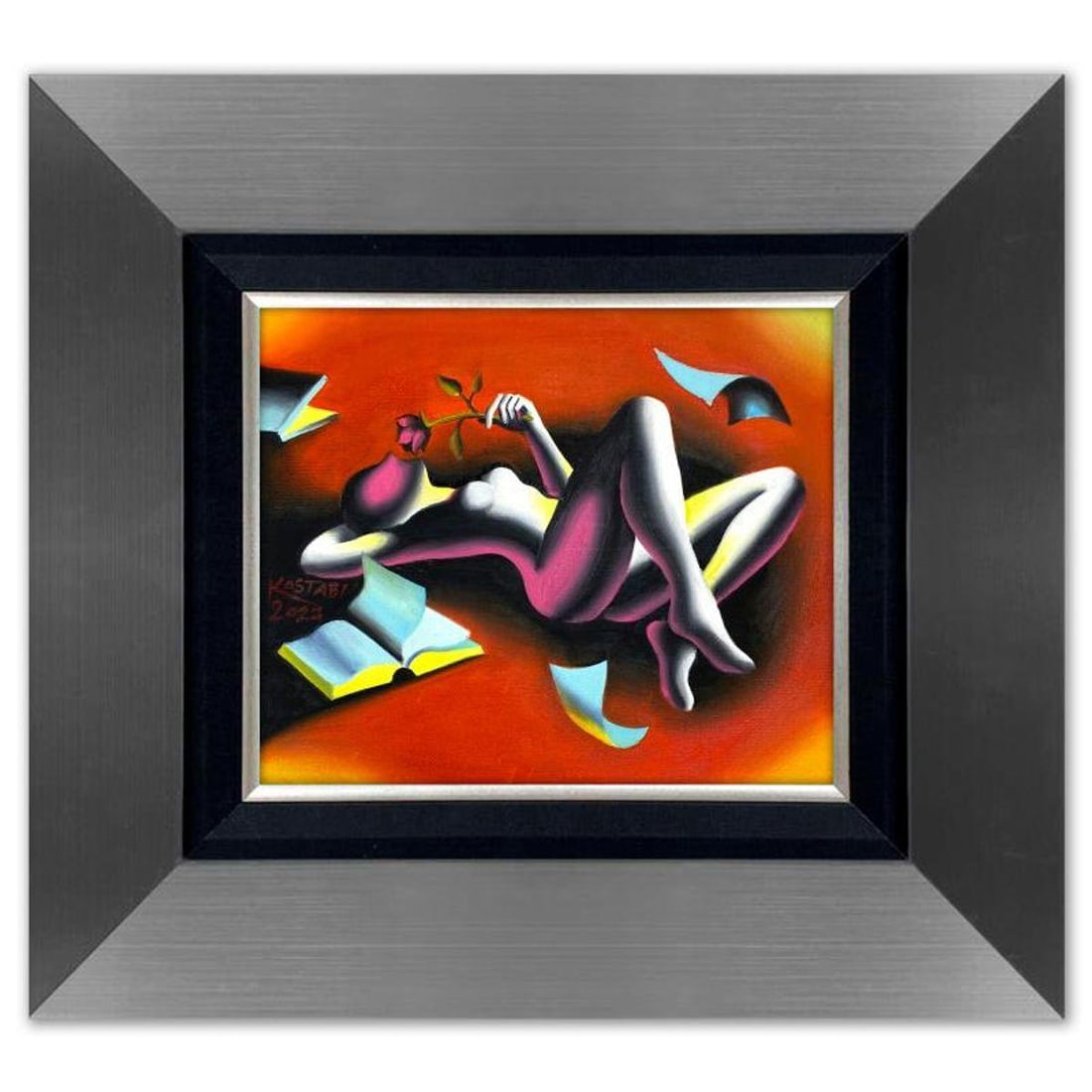Mark Kostabi, "Unwavering Devotion" Framed Original Oil Painting on Canvas, Hand Signed with a: Unwavering Devotion is an original oil painting on canvas by Mark Kostabi, hand signed by the artist. This piece comes custom framed. Includes Certificate of Authenticity. Measures approx. 20" x 22" (