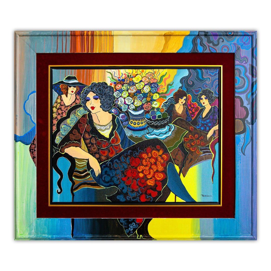 Patricia Govezensky- Original Acrylic with Hand Painted Frame "Whispers of Wine and Laughter": Artist: Patricia Govezensky. Medium: Original Acrylic with Hand Painted Frame. Title: Whispers of Wine and Laughter. Size: 16" x 20". Measures approx. 25" x 29" (framed). Signature: Hand Signed by the