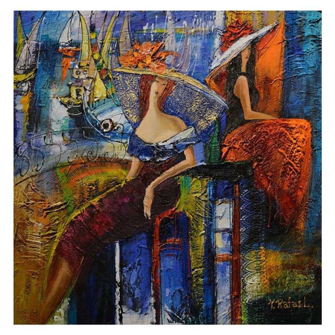 Yana Rafael, "Seaside Ladies" Hand Signed Original Painting on Canvas with COA.: Seaside Ladies is an original painting, acrylic on stretched canvas, by Yana Rafael. Hand signed by the artist, this piece is accompanied by certificate of authenticity and measures approximately 32"