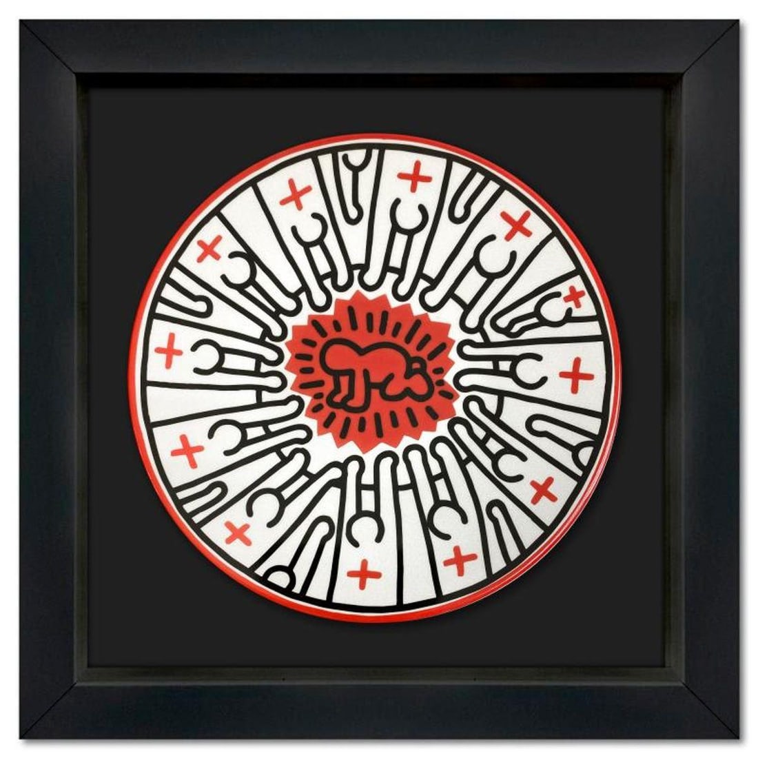 Keith Haring (1958-1990), "Radiant Baby" Framed Limoges Porcelain Plate.: Radiant Baby is a Limoges porcelain plate bearing the plate signature inverso of Keith Haring (1958-1990). This plate is custom framed and floated on linen. Measures approx. 13.5" x 13.5" (frame), 8.5