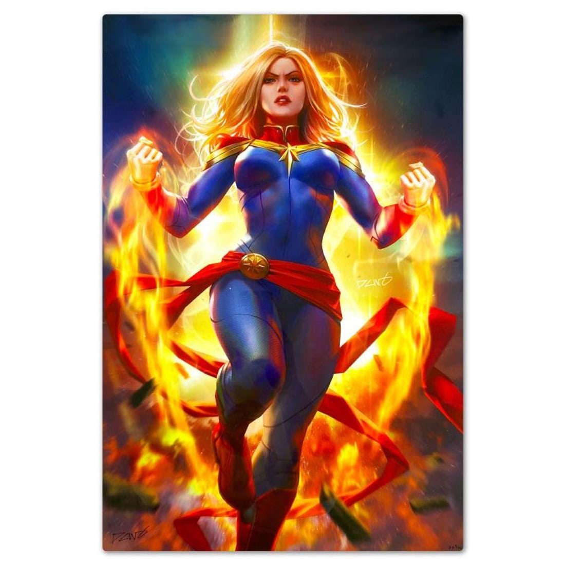 Marvel Comics & Derrick Chew, "Captain Marvel" Limited Edition on Aluminum, PP Numbered 3/4 and: Captain Marvel is a limited edition giclee on aluminum from Marvel Comics and Derrick Chew, PP numbered 3/4 and bearing the authorized signature of the artist. Includes Letter of Authenticity. Measure