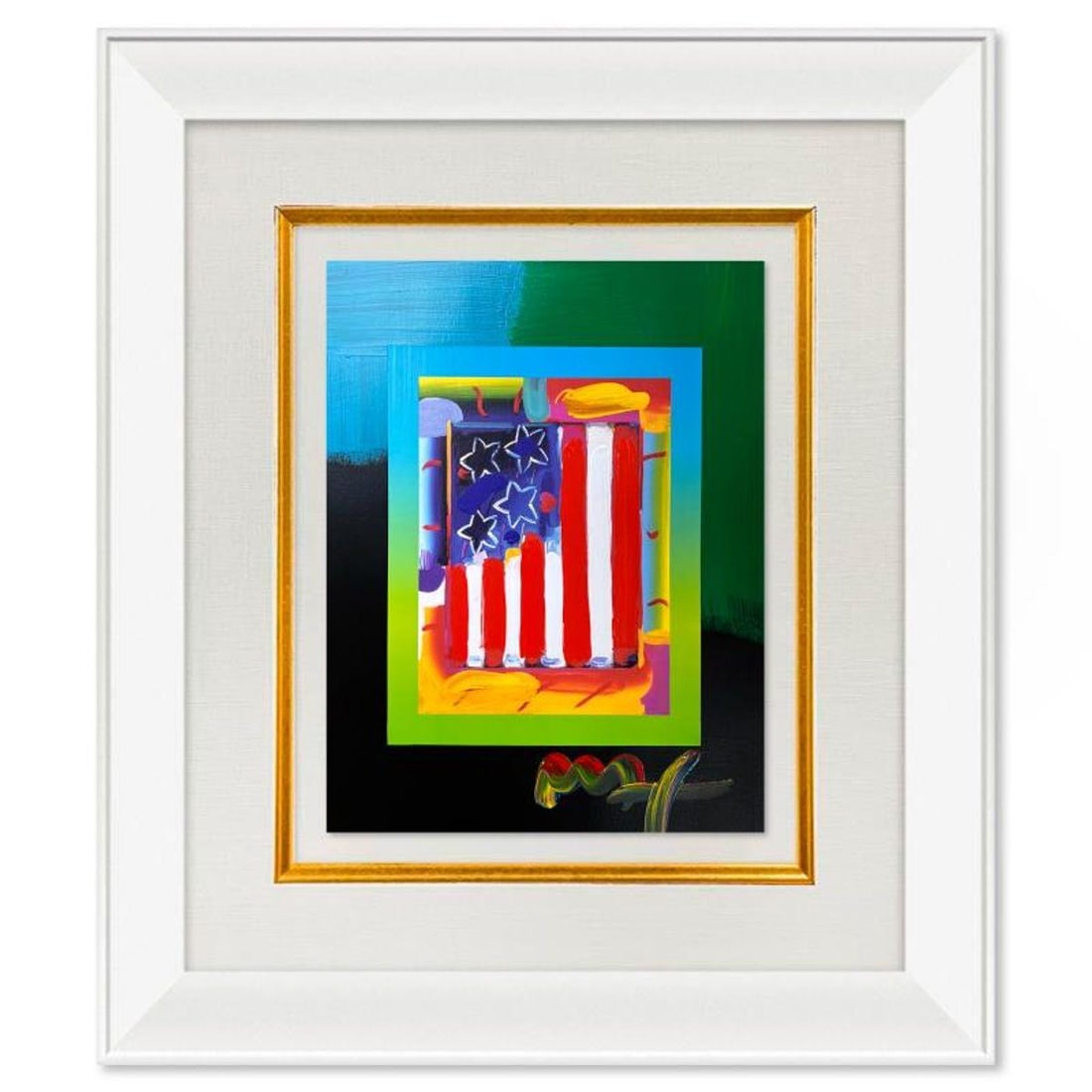 Peter Max, "Flag with Heart" Framed One-of-a-Kind Acrylic Mixed Media, Hand Signed with Registration (1 of 2)