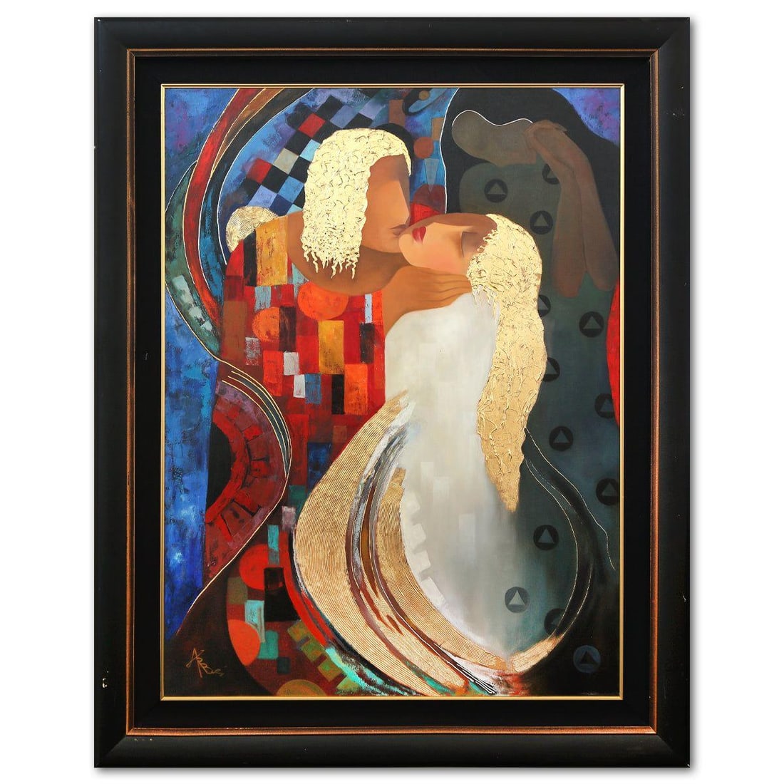 Arbe- Original Painting "Revisting the Kiss": Artist: Arbe. Medium: Original Painting. Title: Revisting the Kiss. Size: 48" x 35". Measures approx. 58" x 46" (framed). Signature: Hand Signed. Additional: Minor damage to the canvas. Reference#: