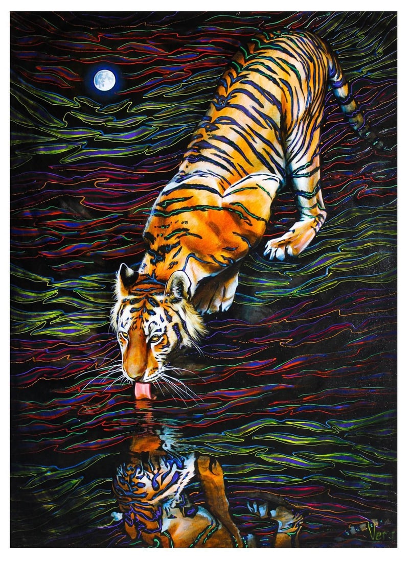 Vera V. Goncharenko- Original Oil on Canvas "Licking A Puddle": Artist: Vera V. Goncharenko. Medium: Original Oil on Canvas. Title: Licking A Puddle. Size: 40" x 30". Signature: Hand Signed by the artist. Certificate of Authenticity: From the publisher.