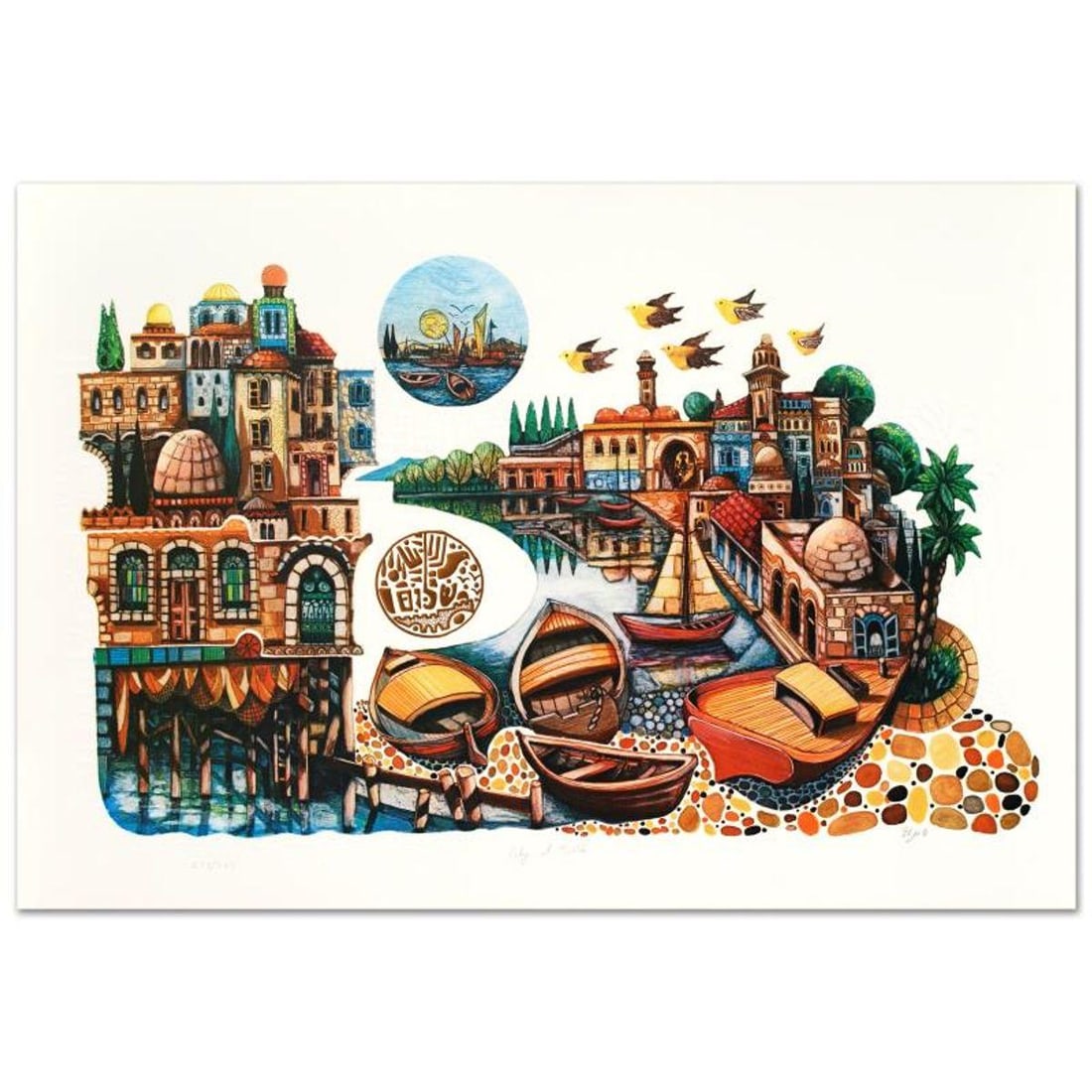 Amram Ebgi, "City of Jaffa" Limited Edition Lithograph, Numbered and Hand Signed with Letter of: City of Jaffa is a limited edition lithograph on paper by Amram Ebgi, numbered and hand signed by the artist. Includes Letter of Authenticity. Measures approx. 28" x 19" (border), 25" x 17" (image). R