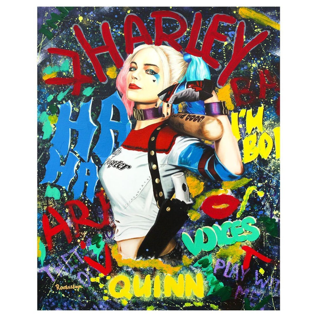 Nastya Rovenskaya- Mixed Media "Harley Quinn is Here": Artist: Nastya Rovenskaya. Medium: Mixed Media. Title: Harley Quinn is Here. Size: 30" x 24". Signature: Hand Signed. Certificate of Authenticity: Is included. Reference#: 44430.
