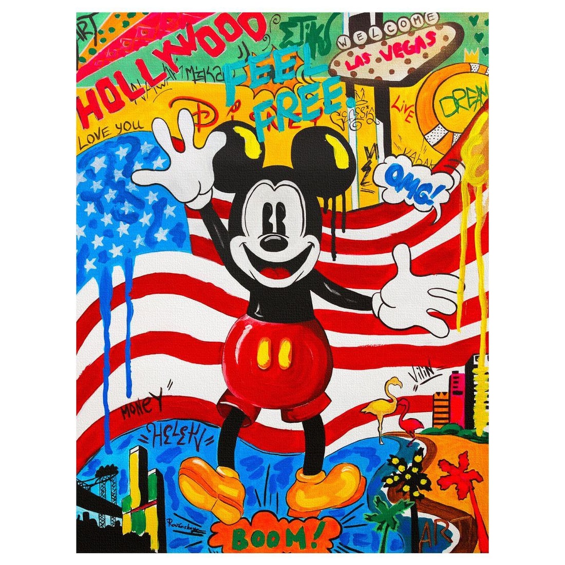 Nastya Rovenskaya- Original Mixed Media on Canvas "Back in the U.S.A": Artist: Nastya Rovenskaya. Medium: Original Mixed Media on Canvas. Title: Back in the U.S.A. Size: 40" x 30". Signature: Hand Signed by the artist. Certificate of Authenticity: From the publisher. Ref