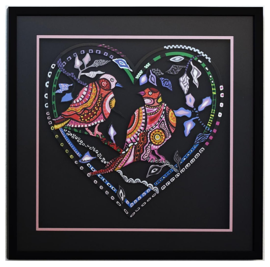 Patricia Govezensky- Original Painting on Laser Cut Steel "Love Birds XV": Artist: Patricia Govezensky. Medium: Original Painting on Laser Cut Steel. Title: Love Birds XV. Size: 16.1" x 16.1". Measures approx. 23" x 23" (framed). Signature: Hand Signed by the artist.
