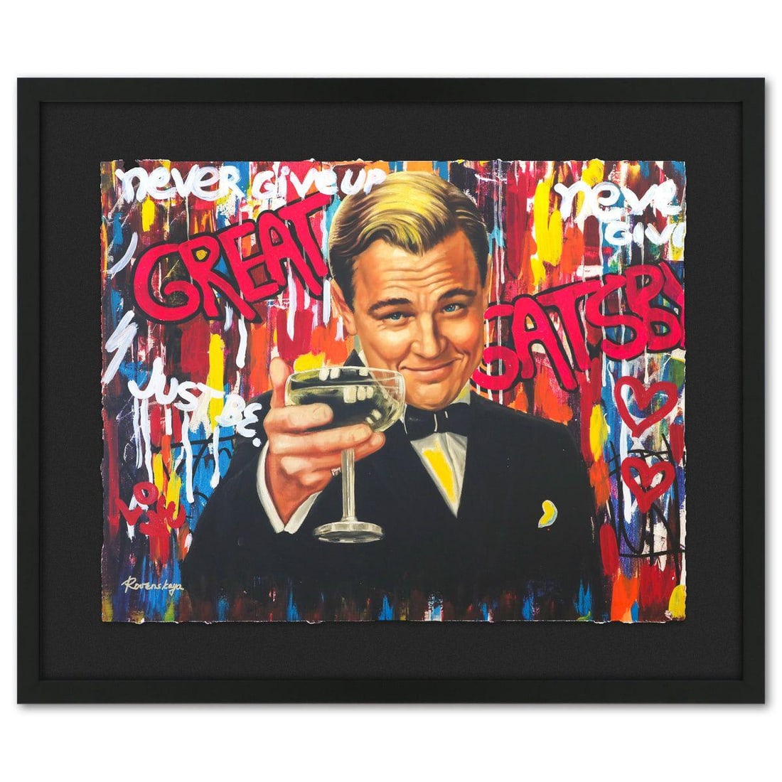 Nastya Rovenskaya- Original Mixed Media on Deckle Edge Paper "The Great Gatsby": Artist: Nastya Rovenskaya. Medium: Original Mixed Media on Deckle Edge Paper. Title: The Great Gatsby. Size: 24" x 30". Measures approx. 34" x 40" (framed). Signature: Hand Signed by the artist.