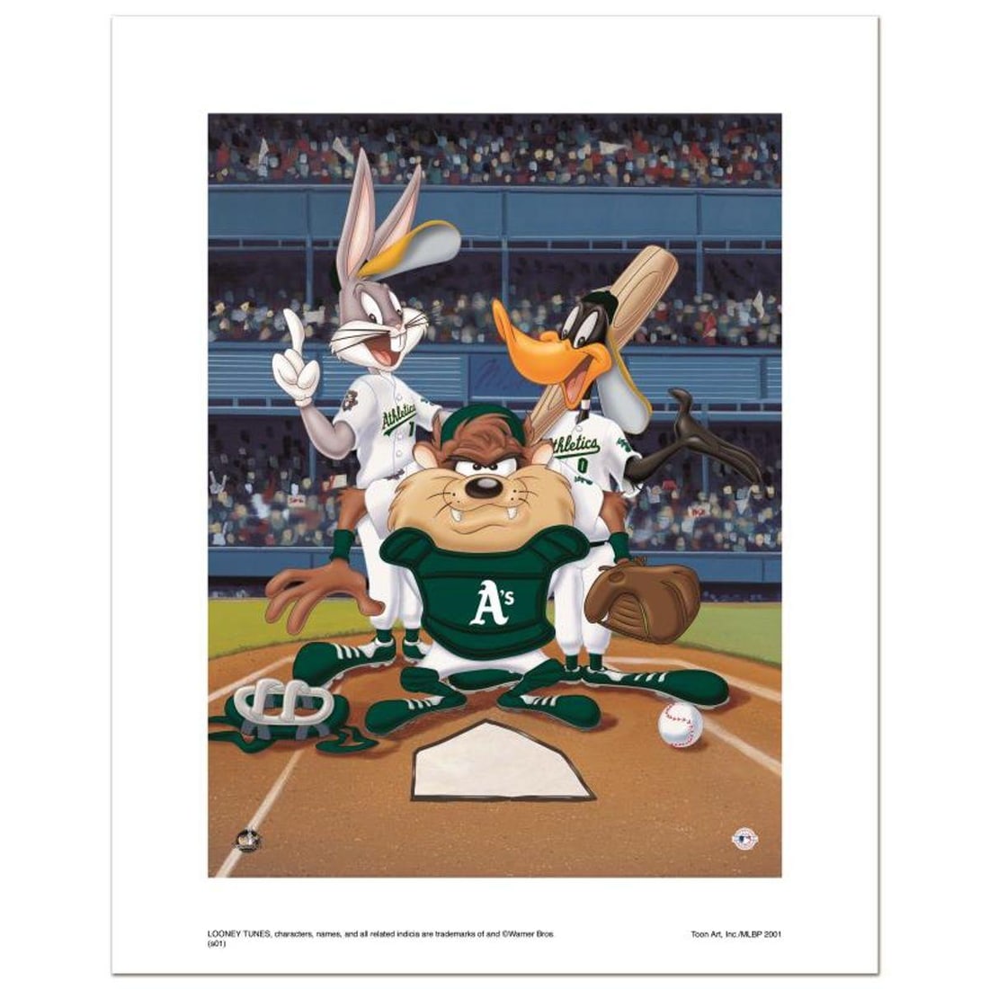 At the Plate (Athletics) Numbered Limited Edition Giclee from Warner Bros. with Certificate of: At the Plate (Athletics) is a limited edition giclee on paper from Warner Bros. featuring iconic Looney Tunes characters in Oakland Athletics MLB uniforms. It comes numbered, with hologram seal, and