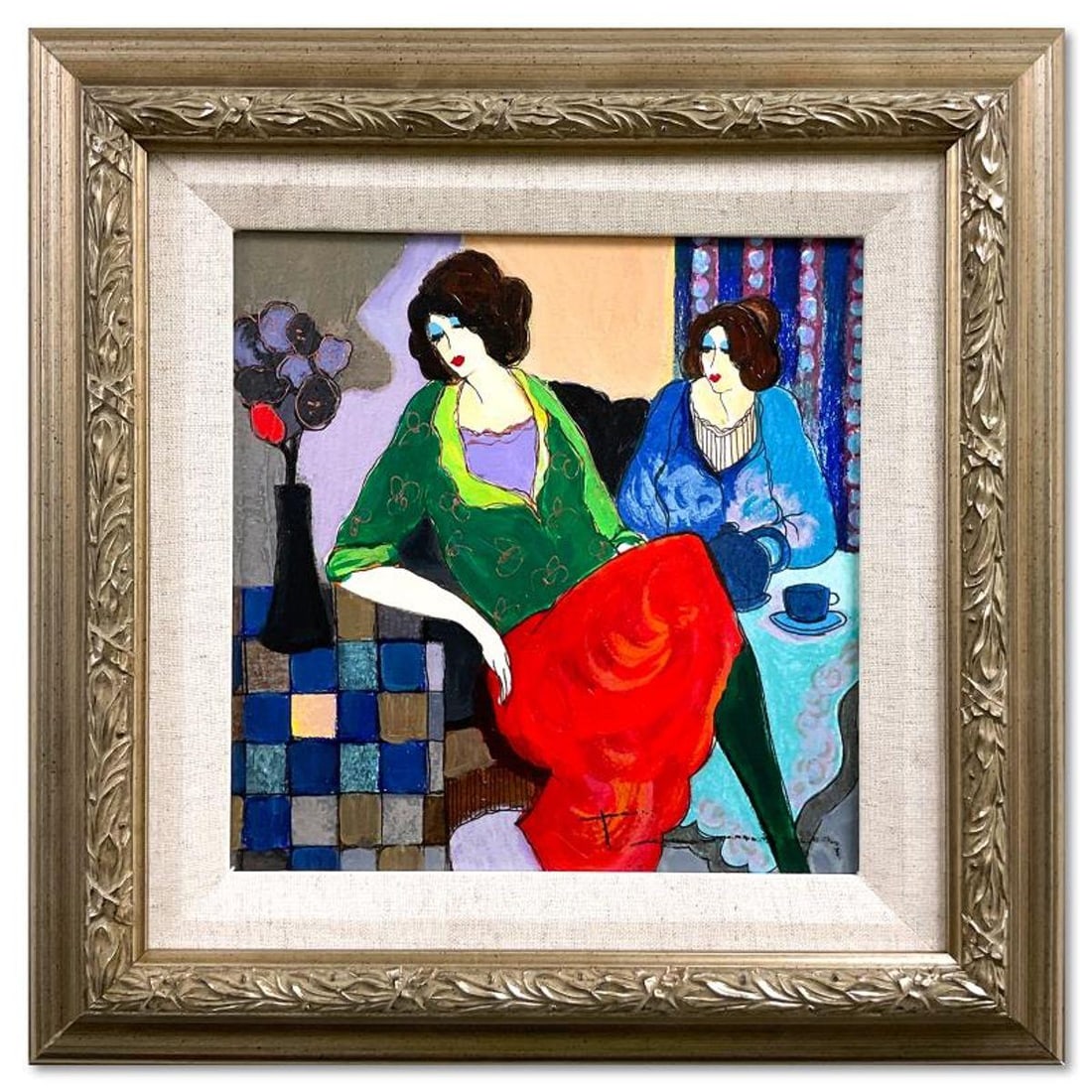 Itzchak Tarkay (1935-2012), "Sisters" Framed One-of-a-Kind Mixed Media Over Paint on Wood, Hand (1 of 2)