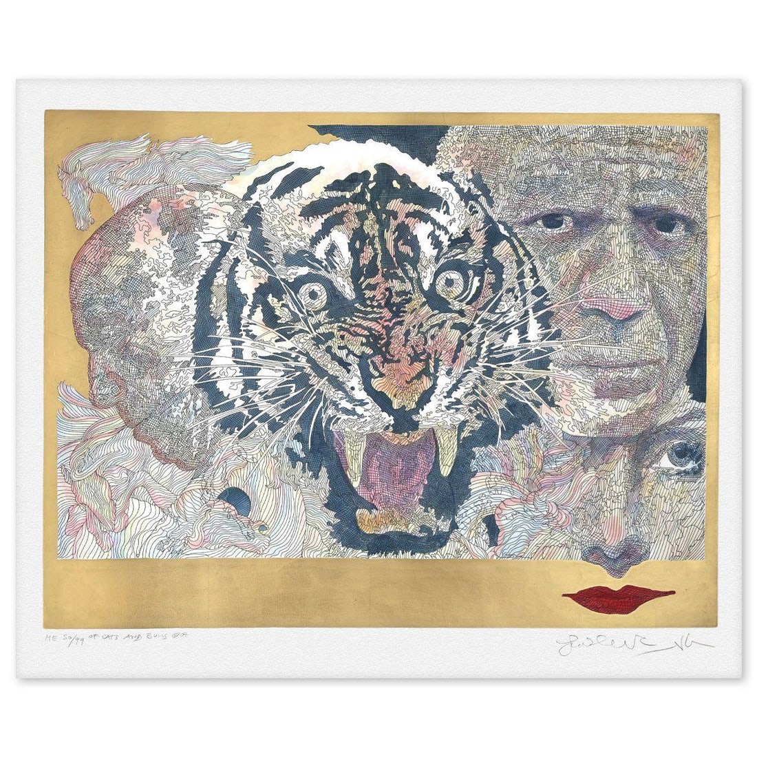 Guillaume Azoulay- Hand Watercolored Gold Leaf Etching "Of Cats and Bulls": Artist: Guillaume Azoulay. Medium: Hand Watercolored Gold Leaf Etching. Title: Of Cats and Bulls. Size: 26" x 32". Signature: Hand Signed. Reference#: 74607.