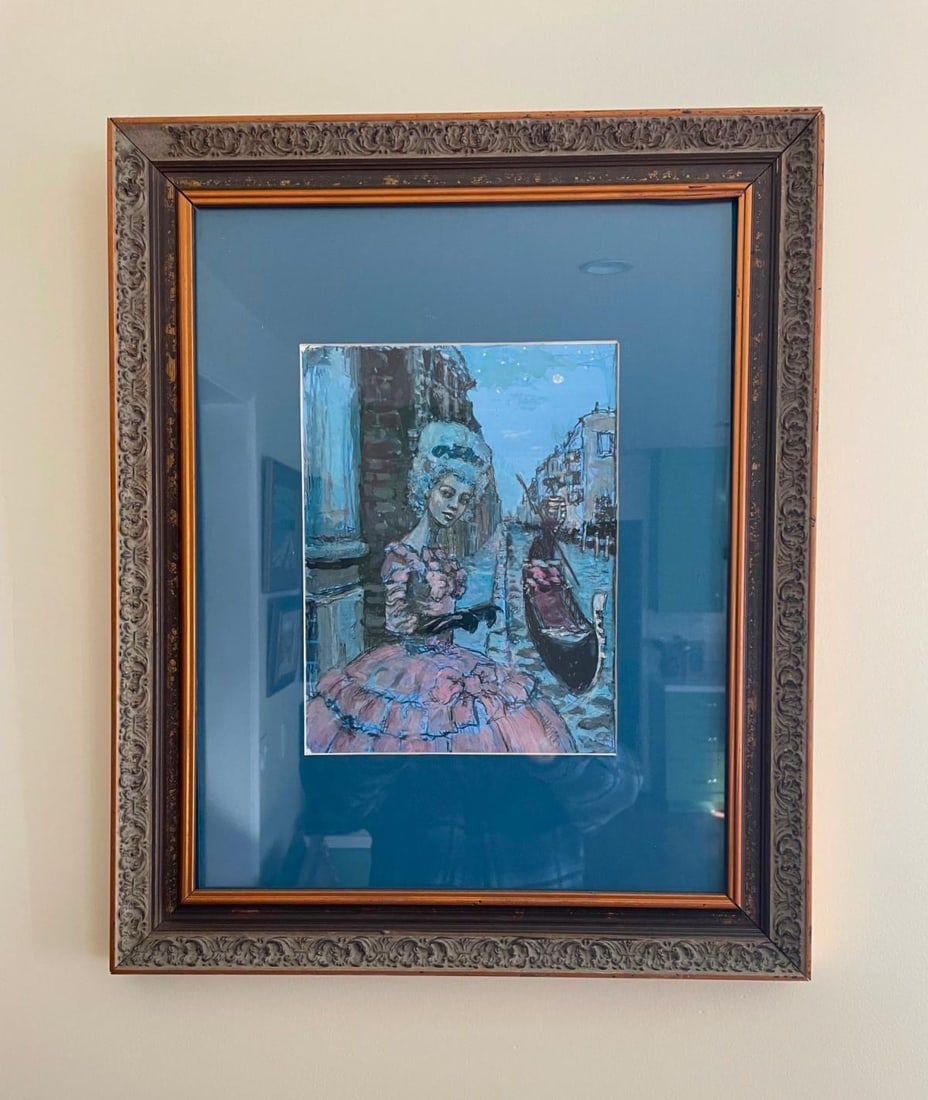 Boris Tyomkin- Acrylic on paper "Moon in Venice": Artist: Boris Tyomkin. Medium: Acrylic on paper. Title: Moon in Venice. Size: 8" x 10". Signature: Hand Signed by the artist. Reference#: 25115.