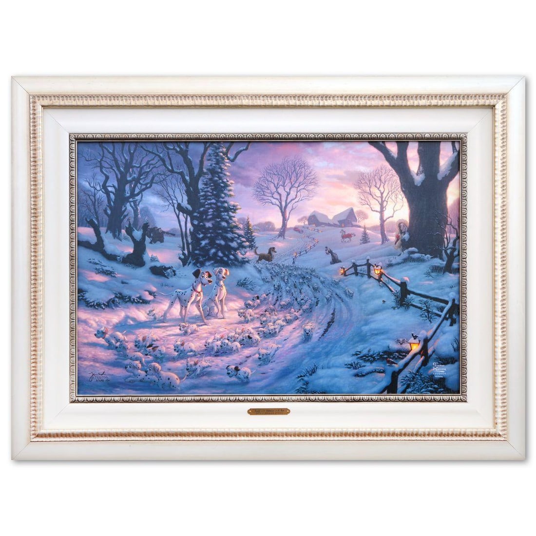 Thomas Kinkade- Hand Embellished Giclee on Canvas "101 Dalmatians On The Run": Artist: Thomas Kinkade. Medium: Hand Embellished Giclee on Canvas. Title: 101 Dalmatians On The Run. Size: 17" x 26". Measures approx. 27" x 36" (framed). Signature: Hand signed and numbered. Certific