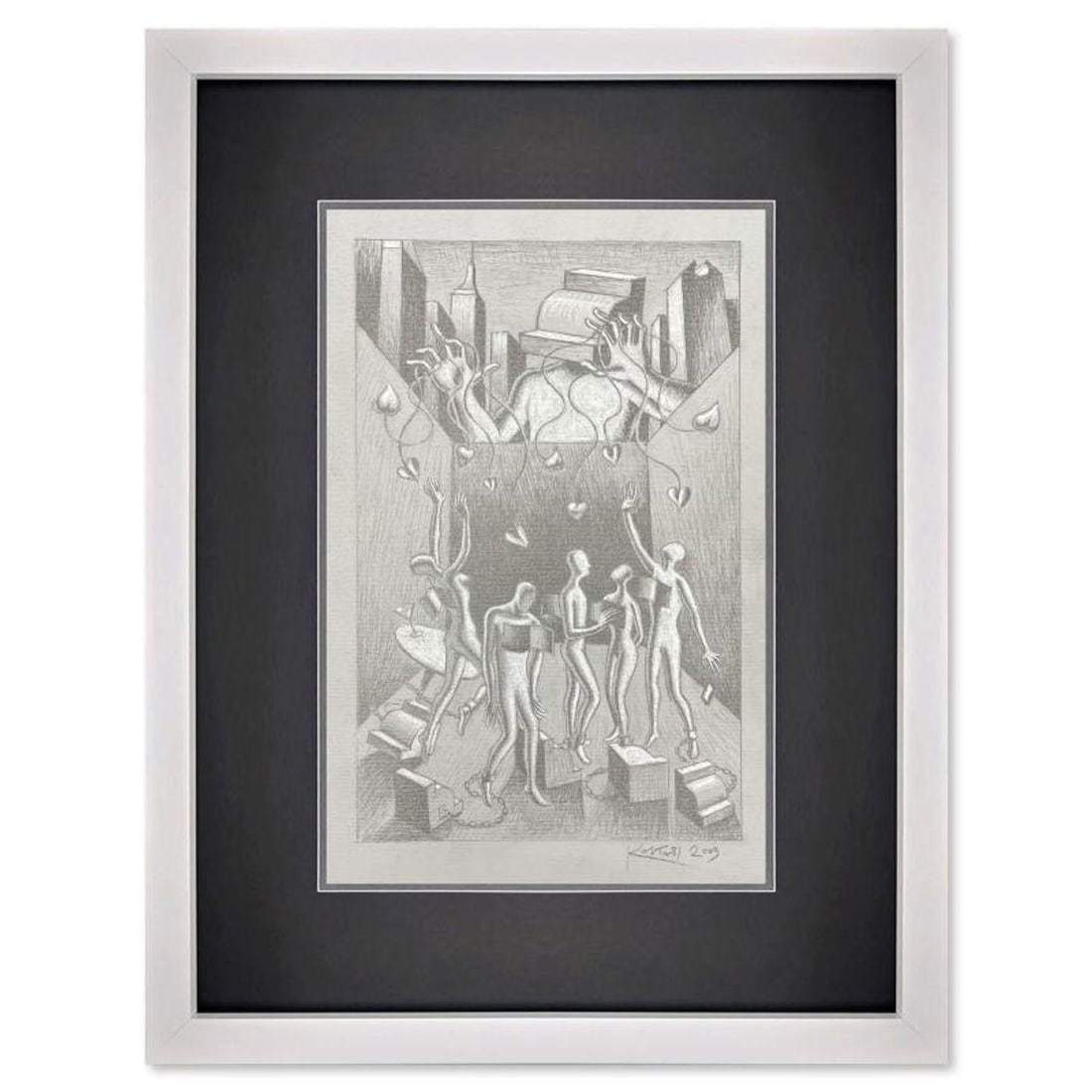 Mark Kostabi, "New York Strings" Framed Original Drawing on Paper, Hand Signed with Certificate of: New York Strings is an original drawing on paper by Mark Kostabi, hand signed by the artist. This piece comes custom framed and includes a certificate of authenticity. Measures approximately 17.5" x 1