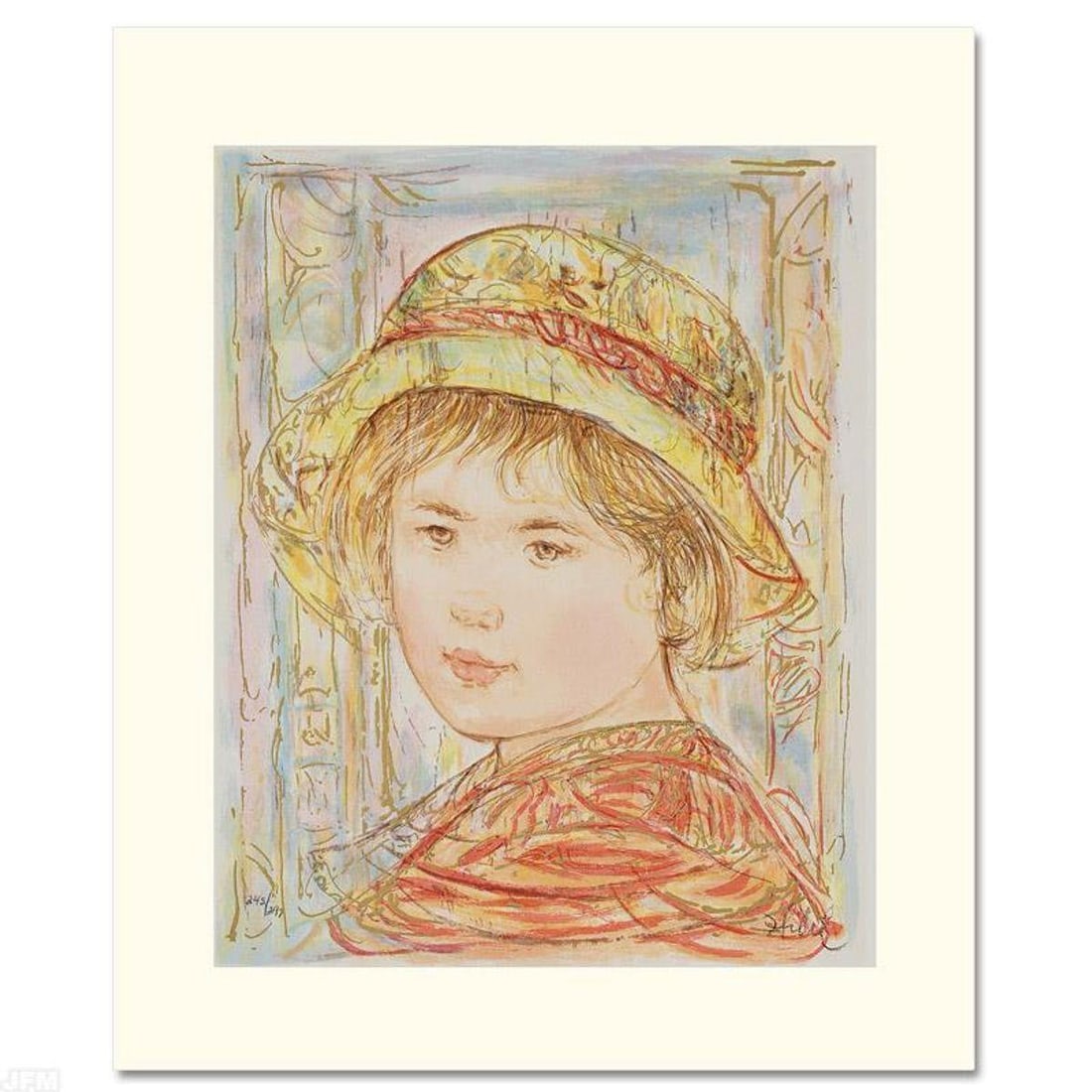 Lemual Limited Edition Serigraph by Edna Hibel (1917-2014), Numbered and Hand Signed with: Wild lines and muted colors make Edna Hibel's art stand out in any room. "Lemual" is a limited edition serigraph on paper, numbered and hand signed by Hibel (1917-2014). Includes Certificate of Authen