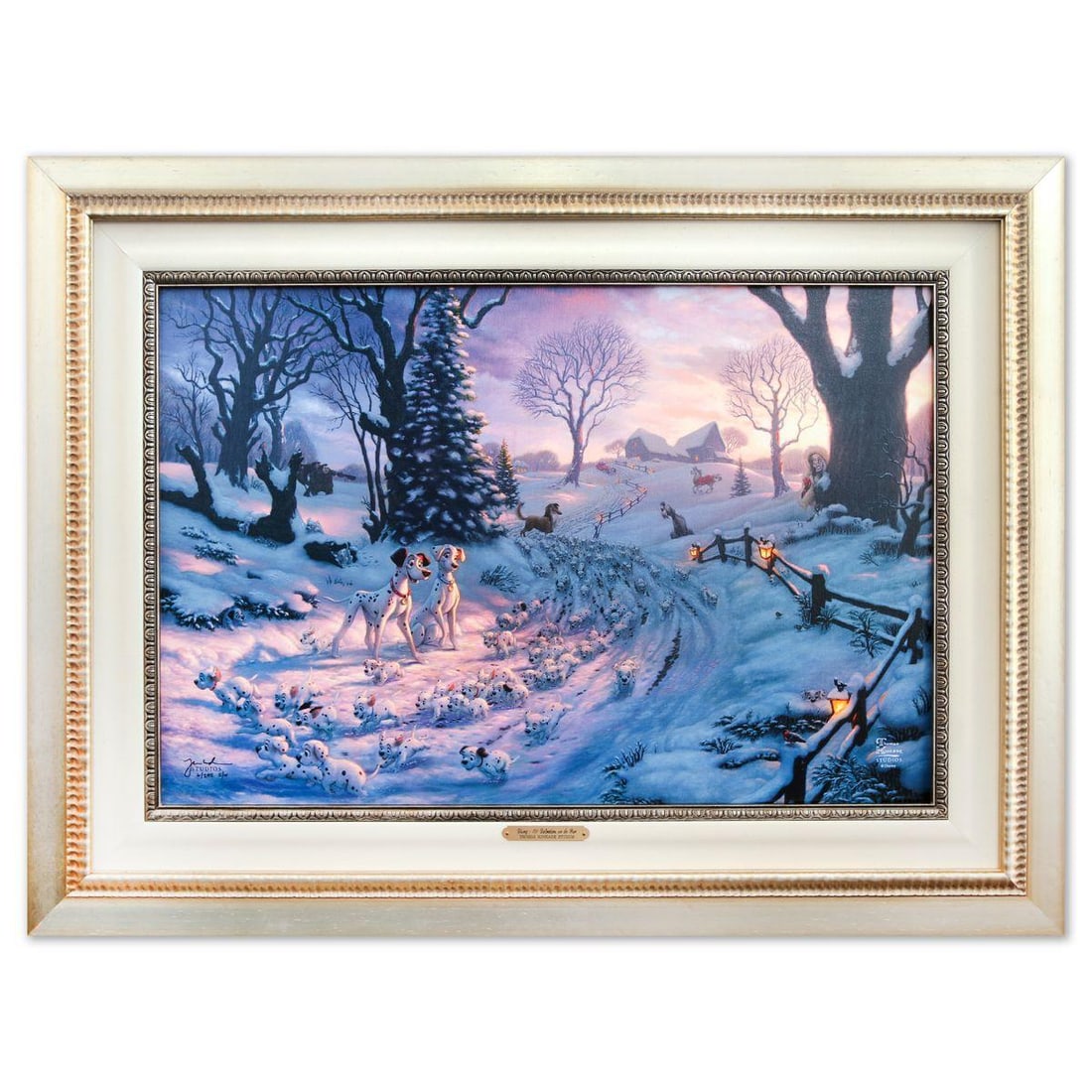 Thomas Kinkade- Hand Embellished Giclee on Canvas "101 Dalmatians on the Run": Artist: Thomas Kinkade. Medium: Hand Embellished Giclee on Canvas. Title: 101 Dalmatians on the Run. Size: 17.5" x 26.5". Measures approx. 27" x 32" (framed). Signature: Hand signed and numbered. Cert
