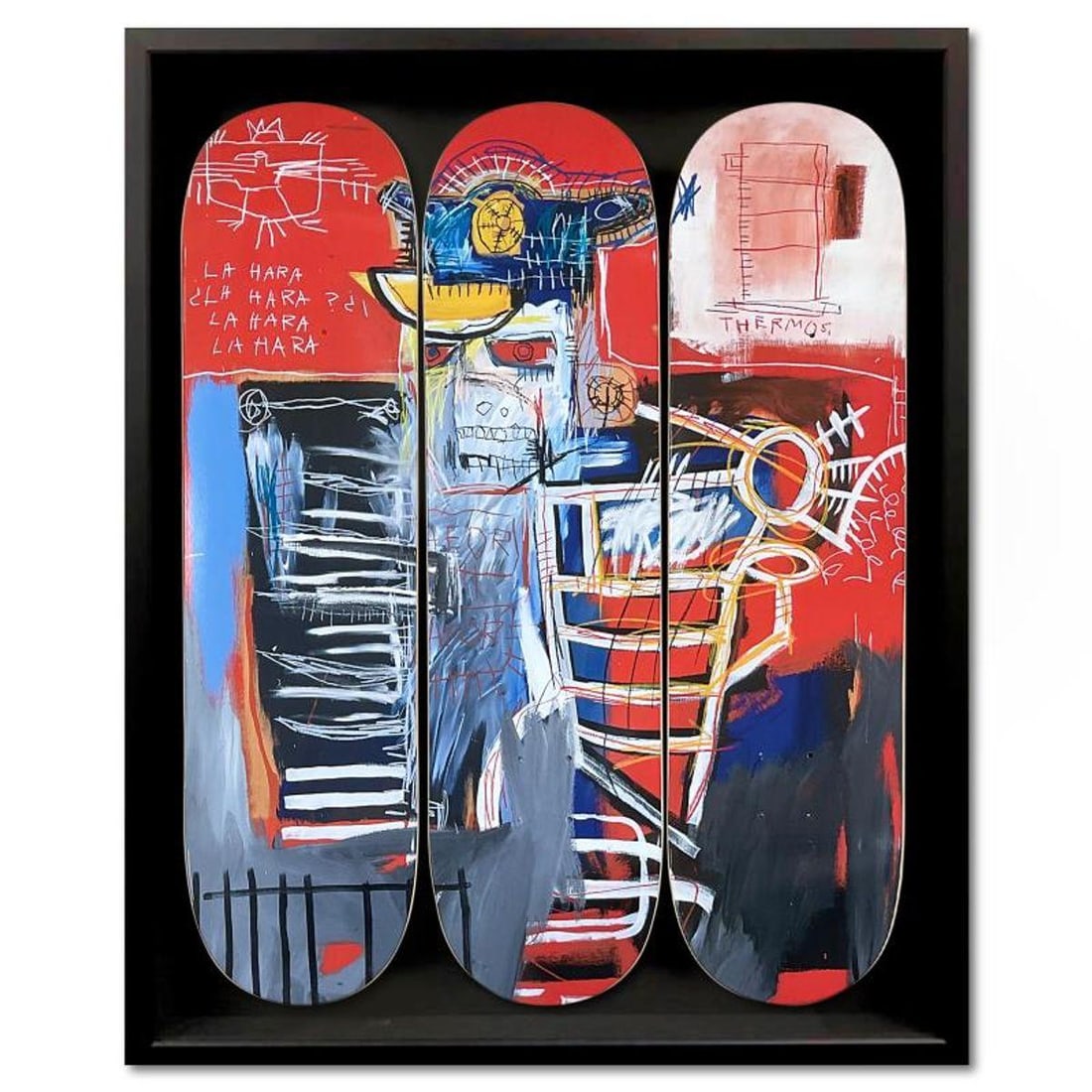 Jean-Michel Basquiat (1960-1988), "La Hara, 1981" Framed Skateboard Triptych, Plate Signed with: La Hara, 1981 is a skateboard triptych by Jean-Michel Basquiat (1960-1988), bearing the plate signature of the artist inverso. This triptych comes custom framed. Includes Letter of Authenticity. Measu