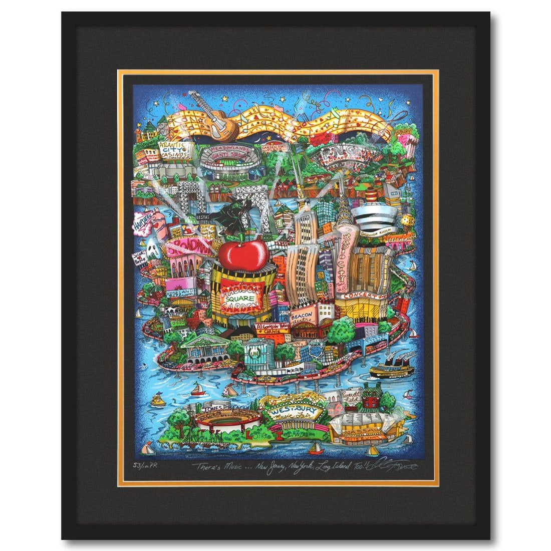 Charles Fazzino- 3D Construction Silkscreen Serigraph "There's Music: New Jersey, New York, Long: Artist: Charles Fazzino. Medium: 3D Construction Silkscreen Serigraph. Title: There's Music: New Jersey, New York, Long Island Too!!. Size: 20" x 16". Measures approx. 27" x 22" (framed). Signature: H