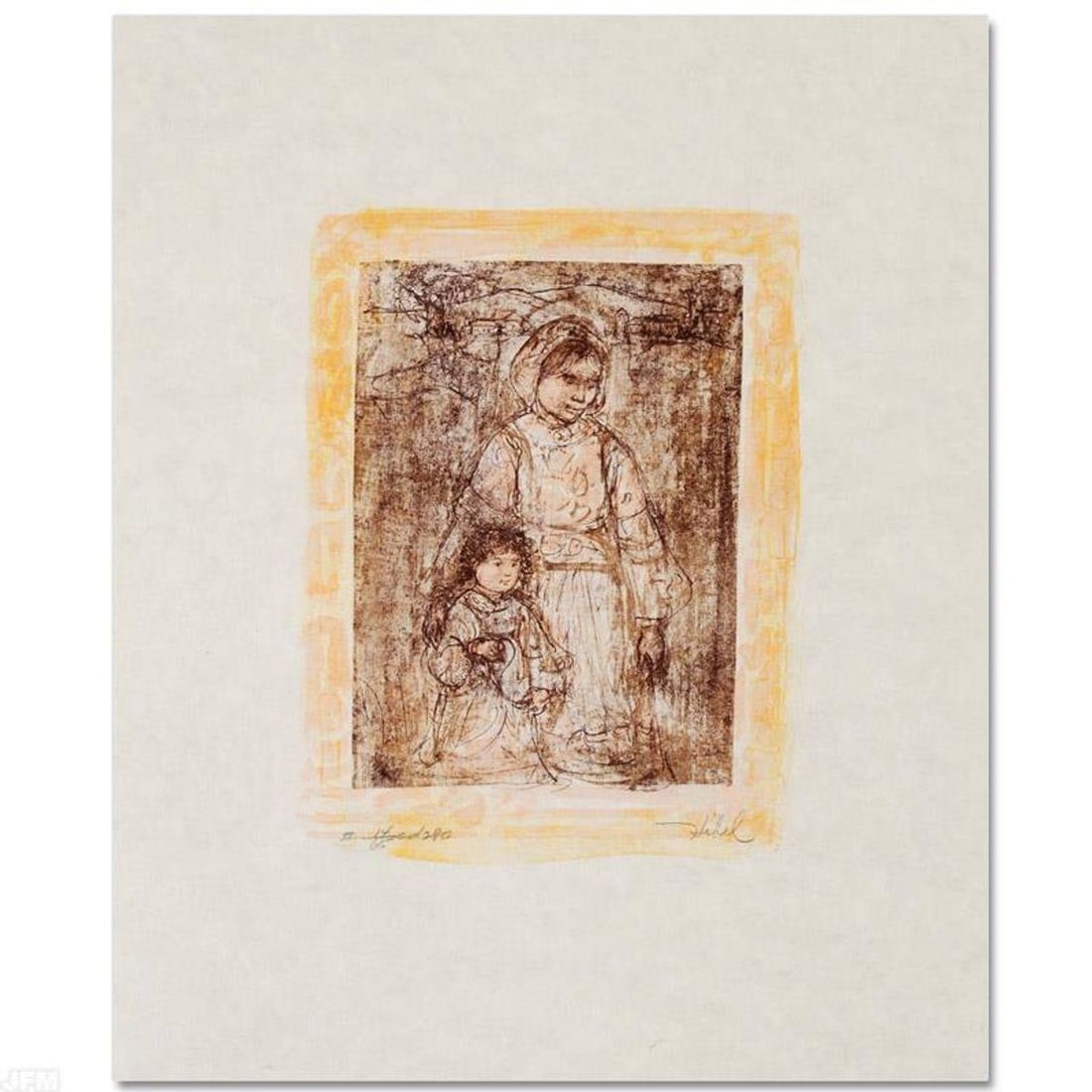 Michelle and Nana Limited Edition Lithograph by Edna Hibel (1917-2014), Numbered and Hand Signed: Michelle and Nana is a limited edition lithograph on paper, numbered and hand signed by Edna Hibel (1917-2014). Includes Certificate of Authenticity! Measures approx. 17.5" x 25" (with border), 8.5" x