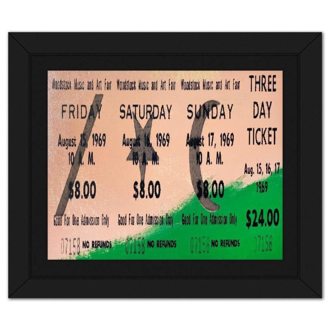 Steve Kaufman (1960-2010), "Woodstock Ticket" Framed Hand Embellished Limited Edition Silscreen,: Woodstock Ticket is a hand embellished limited edition silkscreen on canvas by Andy Warhol protege, Steve Kaufman (1960-2010), numbered 18/50 inverso and hand signed by the artist. This piece comes cu