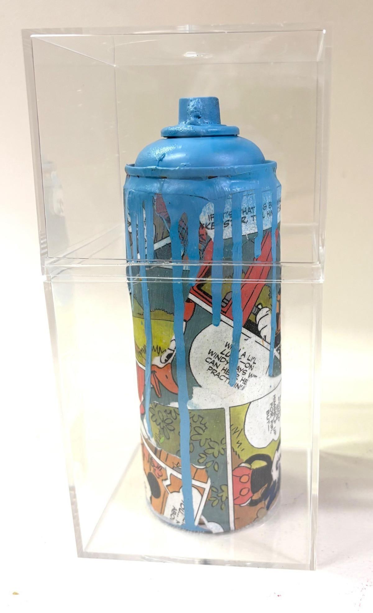 E.M Zax- 1/1 unique collage and paints on artist used spray can: Artist: E.M Zax. Medium: 1/1 unique collage and paints on artist used spray can. Size: 4" x 8". Signature: Hand Signed. Additional: Displayed in lucite box Size: 4x4x8. Reference#: 25180.