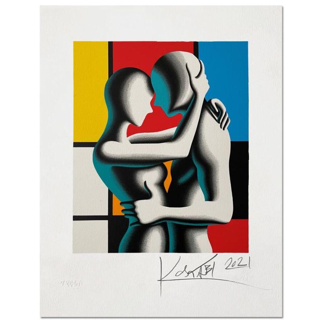 Mark Kostabi, "Modern love" Hand Signed Limited Edition Serigraph with COA: Modern love is a limited edition serigraph on paper by Mark Kostabi. The piece is numbered and hand signed by the artist and comes with a Certificate of Authenticity. Measures approximately 14" x 19".
