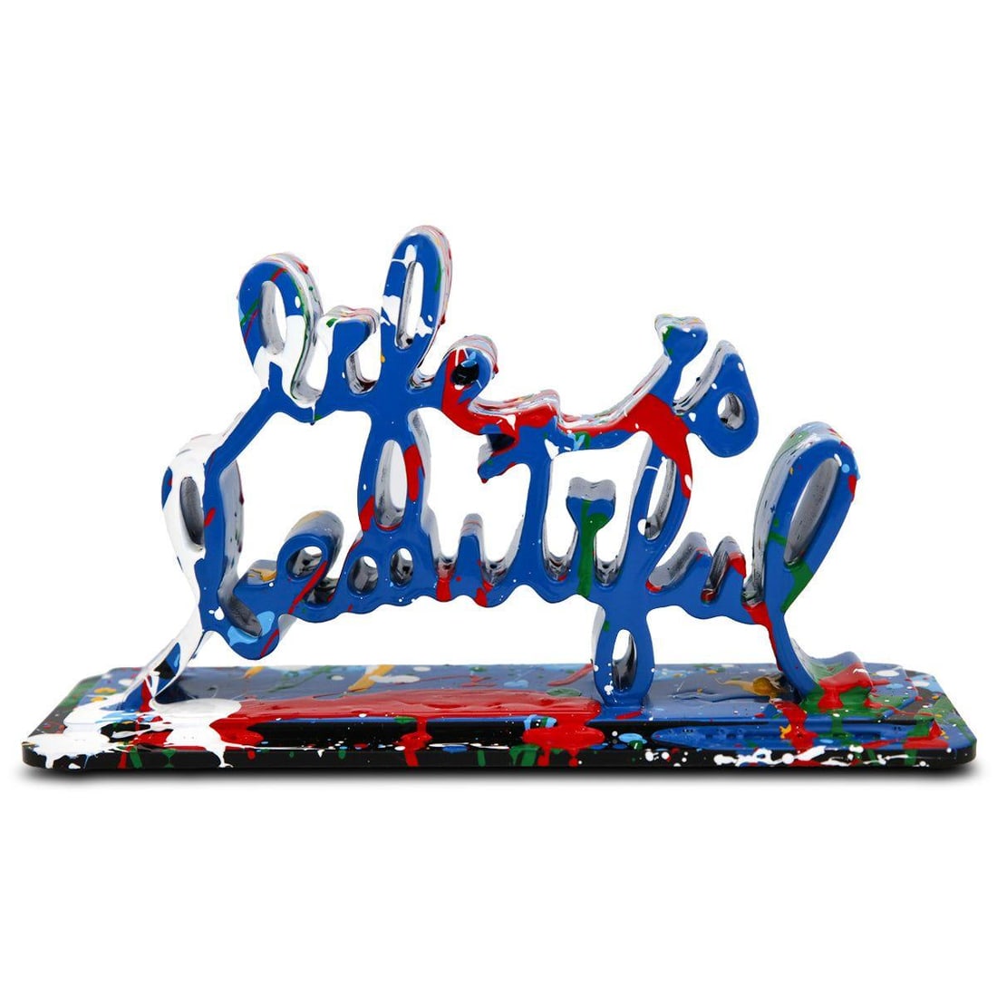Mr Brainwash- Acrylic Dipped and Splashed Cast Resin Sculpture in Plexiglass Enclosure "Life Is: Artist: Mr Brainwash. Medium: Acrylic Dipped and Splashed Cast Resin Sculpture in Plexiglass Enclosure. Title: Life Is Beautiful - Dipped Dark Blue Splash, 2020. Size: 6" x 10.5". Signature: Signed an