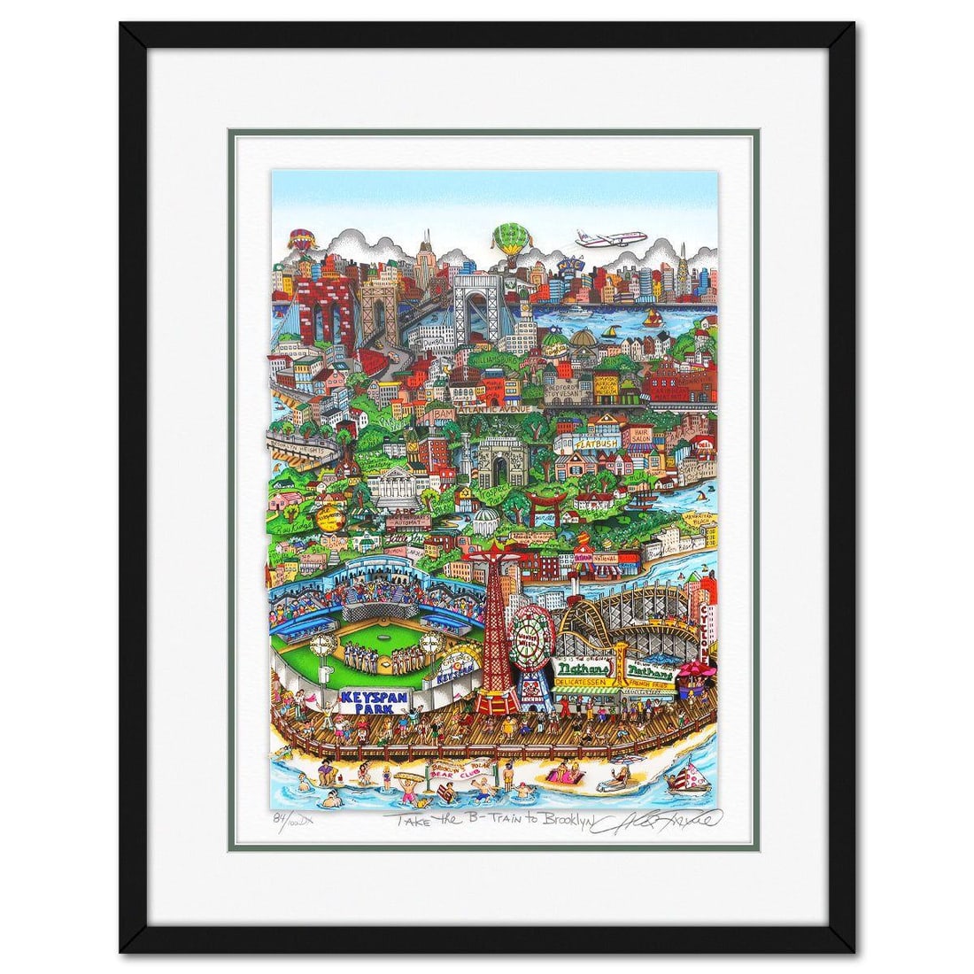 Charles Fazzino- 3D Construction Silkscreen Serigraph "Take the B-Train to Brooklyn": Artist: Charles Fazzino. Medium: 3D Construction Silkscreen Serigraph. Title: Take the B-Train to Brooklyn. Size: 21" x 15". Measures approx. 27" x 21" (framed). Signature: Hand Signed and Numbered. C