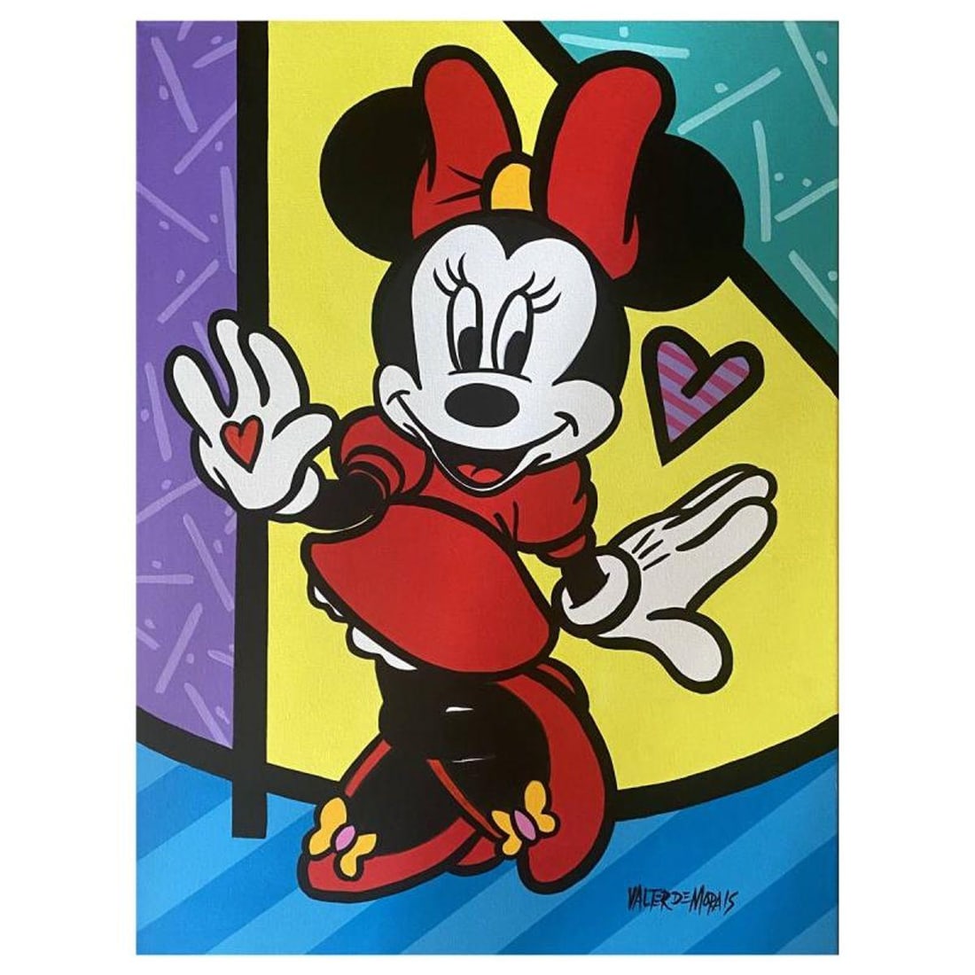 Valter Morais, "Minnie Mouse" Original Acrylic Painting on Canvas, Hand Signed with Letter of: Minnie Mouse is an original acrylic painting on stretched canvas by Valter Morais, hand signed by the artist. Includes Letter of Authenticity. Measures approx. 18" x 24" (image).