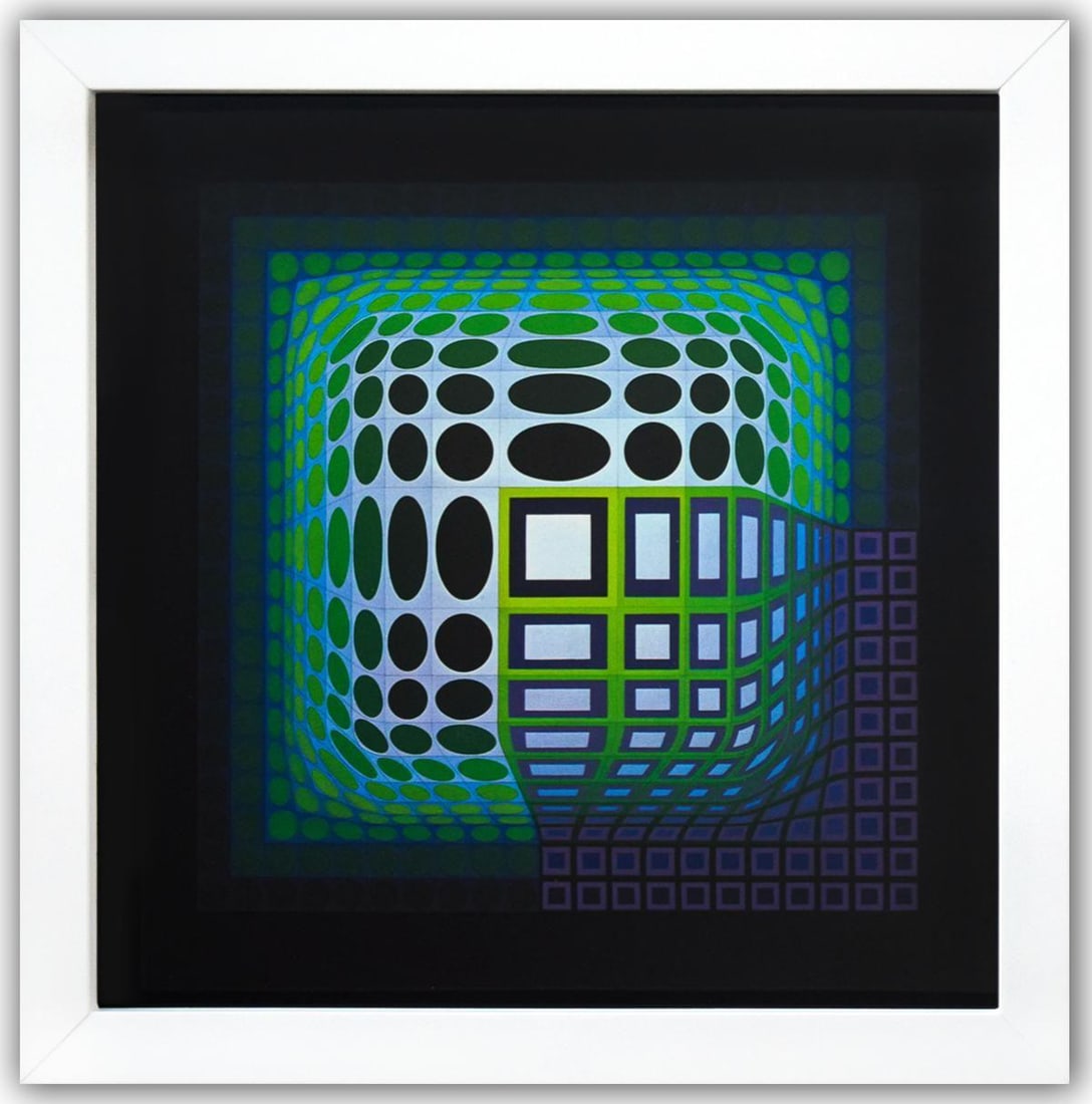 Victor Vasarely- Heliogravure Print "Koska - Kar": Artist: Victor Vasarely. Medium: Heliogravure Print. Title: Koska - Kar. Size: 10" x 10". Measures approx. 12" x 12" (framed). Additional: Custom Framed , 1975. Reference#: 21381.