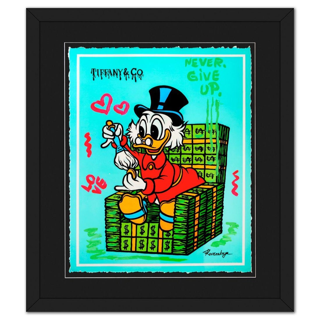 Nastya Rovenskaya- Original Mixed Media on Deckle Edge Paper "Dripping in Dollars": Artist: Nastya Rovenskaya. Medium: Original Mixed Media on Deckle Edge Paper. Title: Dripping in Dollars. Size: 24" x 20". Measures approx. 34" x 30" (framed). Signature: Hand Signed. Certificate of A