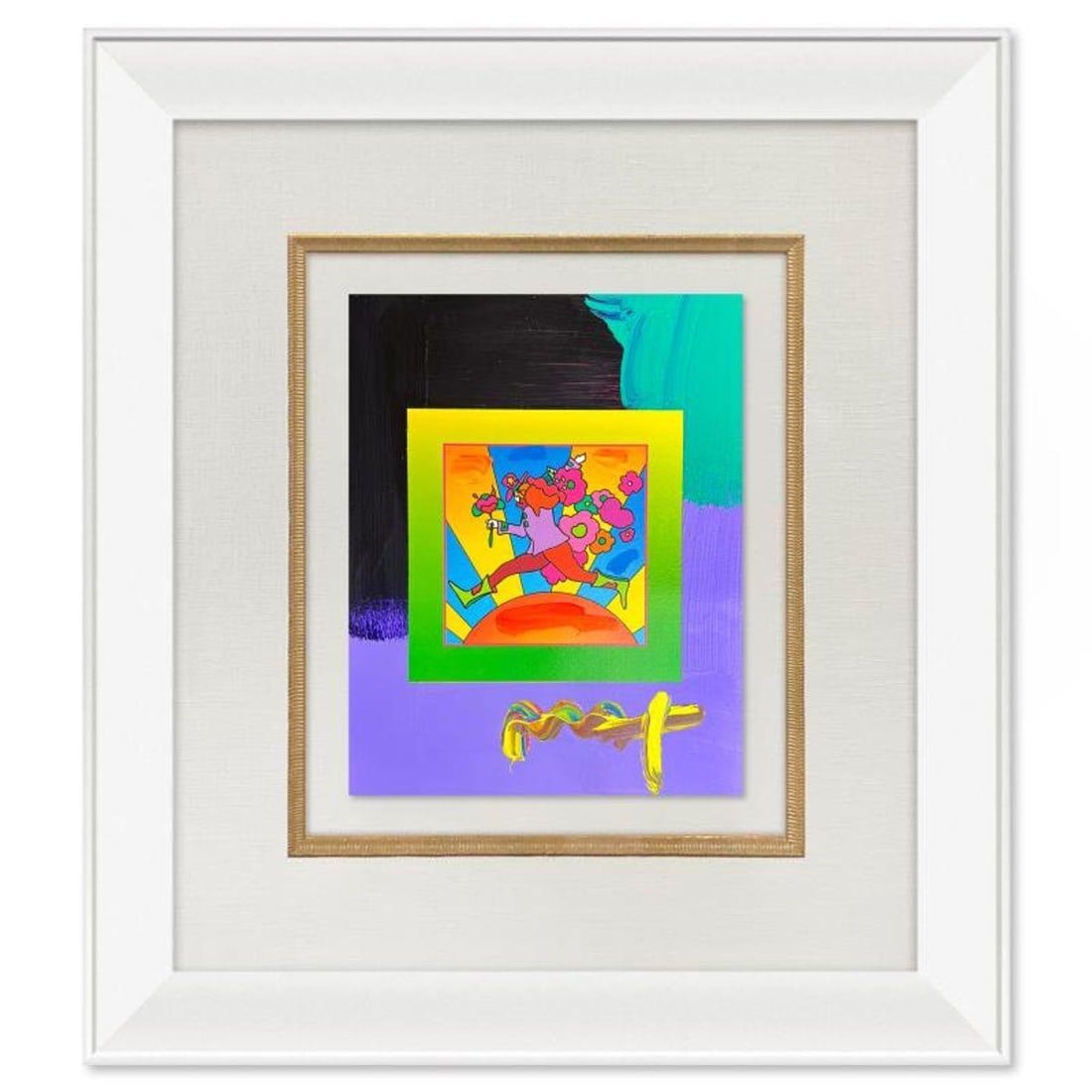 Peter Max, "Flower Jumper" Framed One-of-a-Kind Acrylic Mixed Media, Hand Signed with Registration: Flower Jumper is a hand signed one-of-a-kind acrylic mixed media on paper by Peter Max. The piece comes custom framed with a backside cutout to display Peter Max Studio registration number 278633 cert