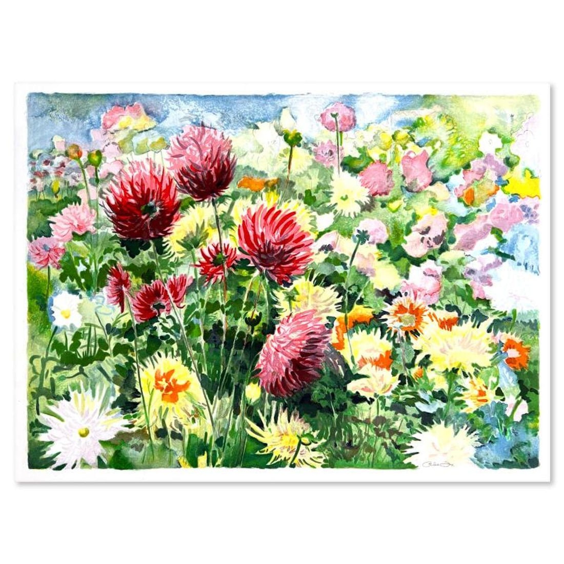 Perla Fox, "Dahlias" Hand Signed Limited Edition Serigraph with Letter of Authenticity.: Dahlias is a limited edition serigraph on paper by Perla Fox. The piece comes hand signed by the artist, numbered, and with a letter of authenticity. Measures approximately 18" x 24.5". Reference#: 90