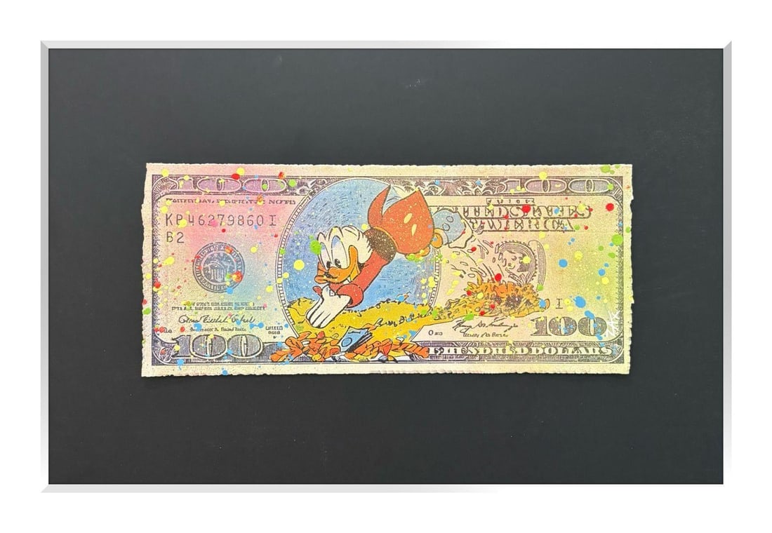 E.M. Zax- 1/1 Mixed media on paper "$100 Bill": Artist: E.M. Zax. Medium: 1/1 Mixed media on paper. Title: $100 Bill. Measures approx. 16" x 20" (framed). Reference#: 25148.