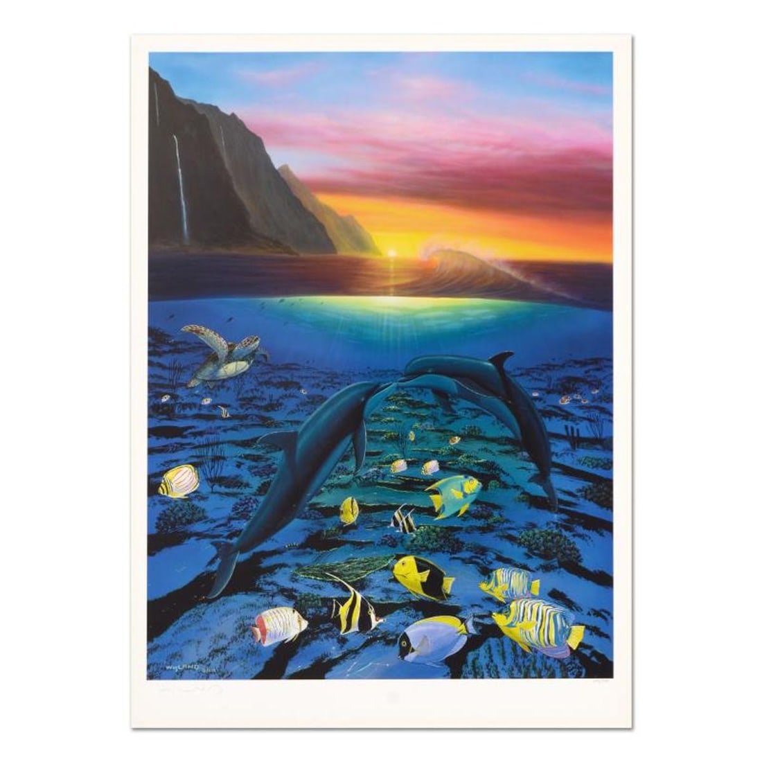 Wyland, "Kiss For the Sea" Limited Edition Lithograph, Numbered and Hand Signed with Certificate of: Kiss for the Sea is a limited edition lithograph on paper by Wyland, numbered and hand signed by the artist. Includes Certificate of Authenticity. Measures approx. 18" x 26" (border), 24" x 18" (image